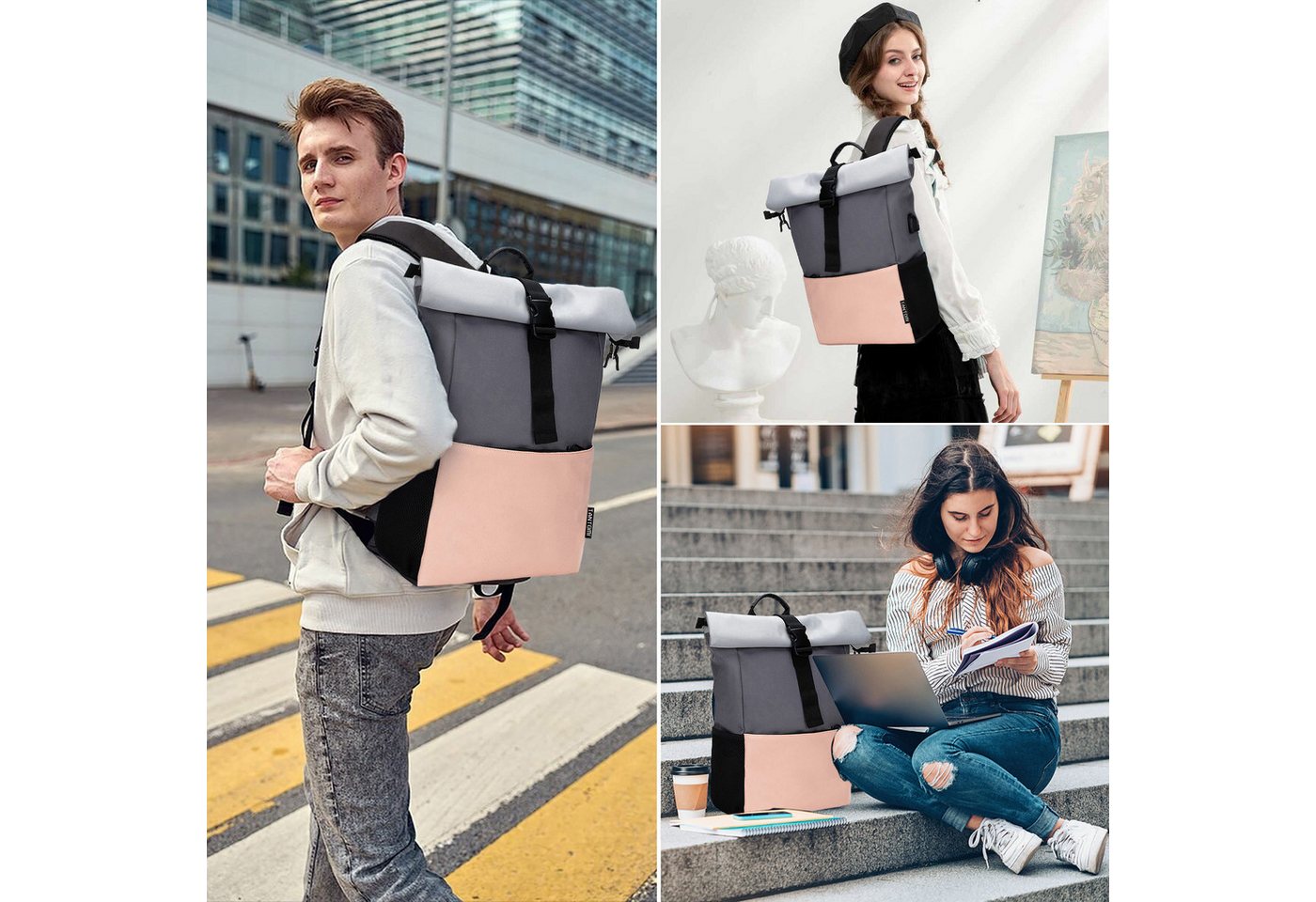 TANTOMI Freizeitrucksack Arbeitsrucksack Groß Damen lässiger Rolltop Rucksack Herren Backpack, mit Laptopfach bis 15,6 zoll und externen USB-Anschluss – Bild 2 von 5
