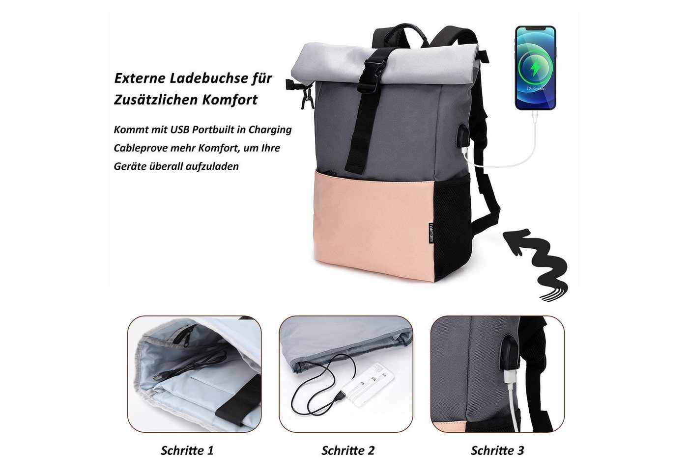 TANTOMI Freizeitrucksack Arbeitsrucksack Groß Damen lässiger Rolltop Rucksack Herren Backpack, mit Laptopfach bis 15,6 zoll und externen USB-Anschluss – Bild 3 von 5