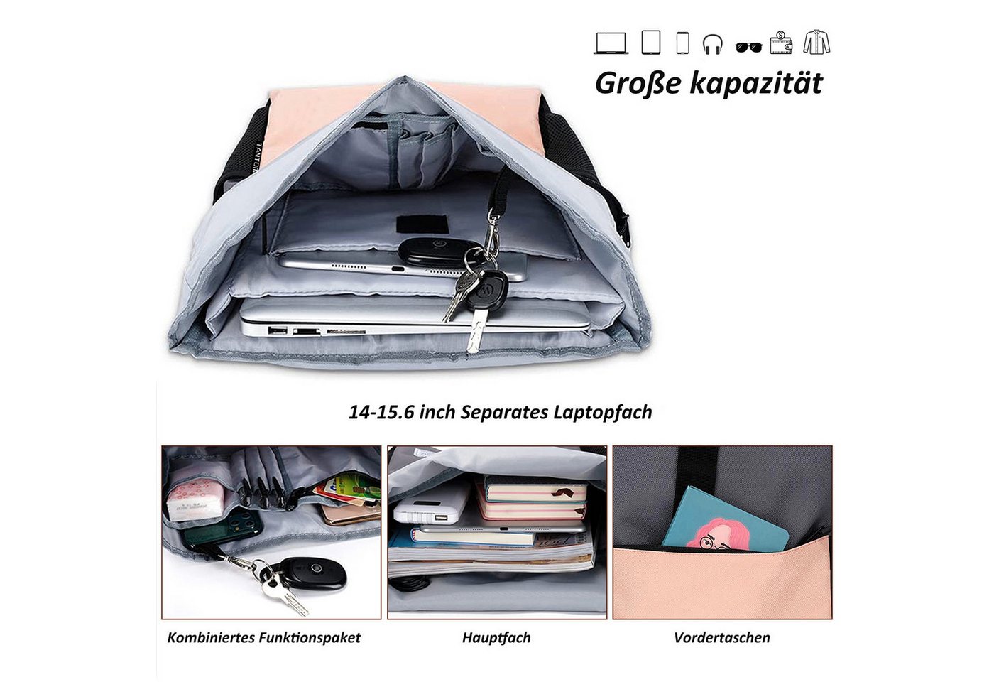 TANTOMI Freizeitrucksack Arbeitsrucksack Groß Damen lässiger Rolltop Rucksack Herren Backpack, mit Laptopfach bis 15,6 zoll und externen USB-Anschluss – Bild 4 von 5