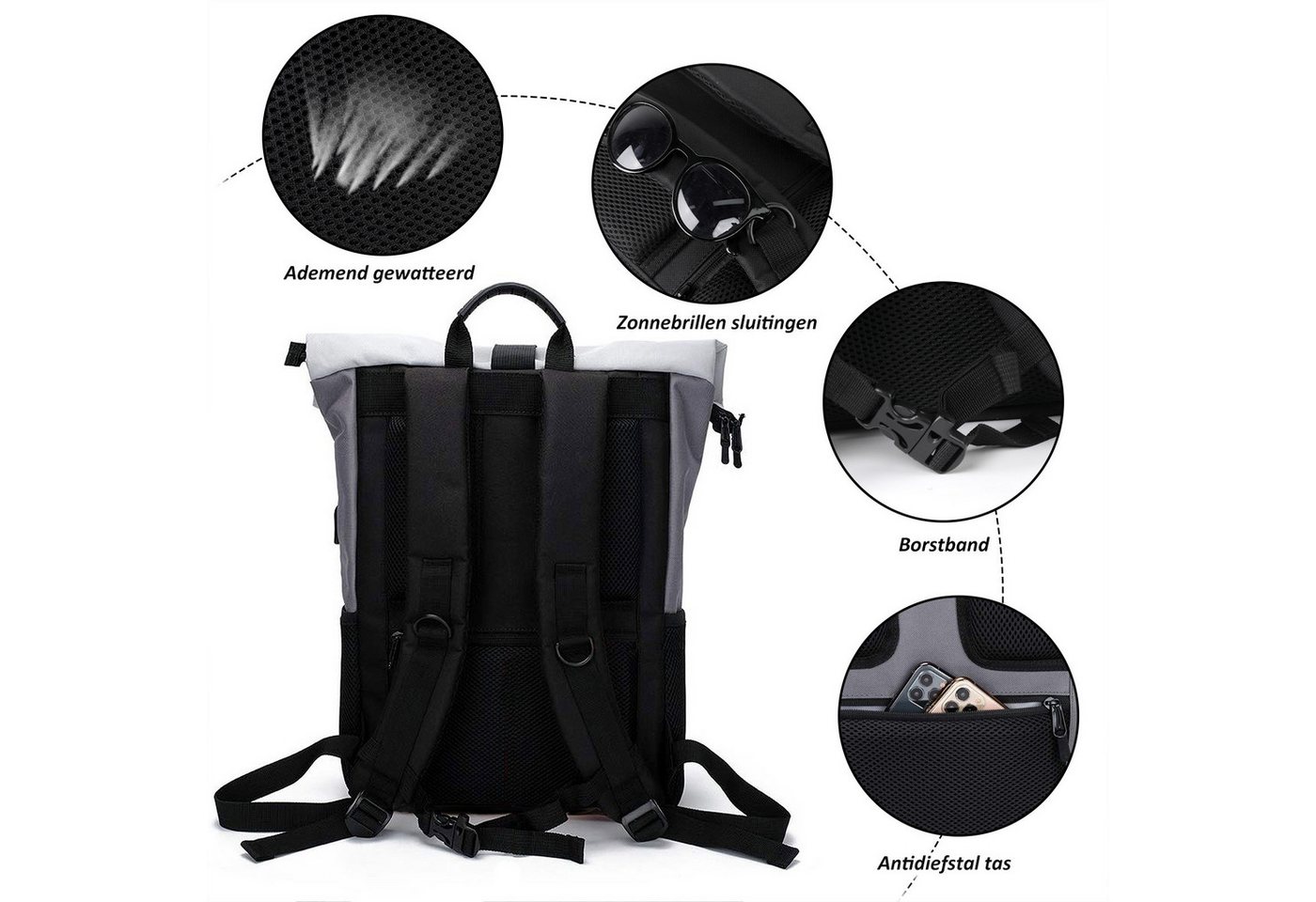 TANTOMI Freizeitrucksack Arbeitsrucksack Groß Damen lässiger Rolltop Rucksack Herren Backpack, mit Laptopfach bis 15,6 zoll und externen USB-Anschluss – Bild 5 von 5