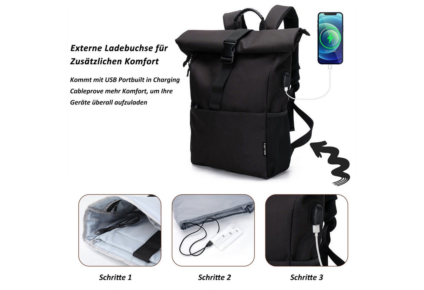 TANTOMI Freizeitrucksack Arbeitsrucksack Groß Damen lässiger Rolltop Rucksack Herren Backpack, mit Laptopfach bis 15,6 zoll und externen USB-Anschluss – Bild 3 von 5