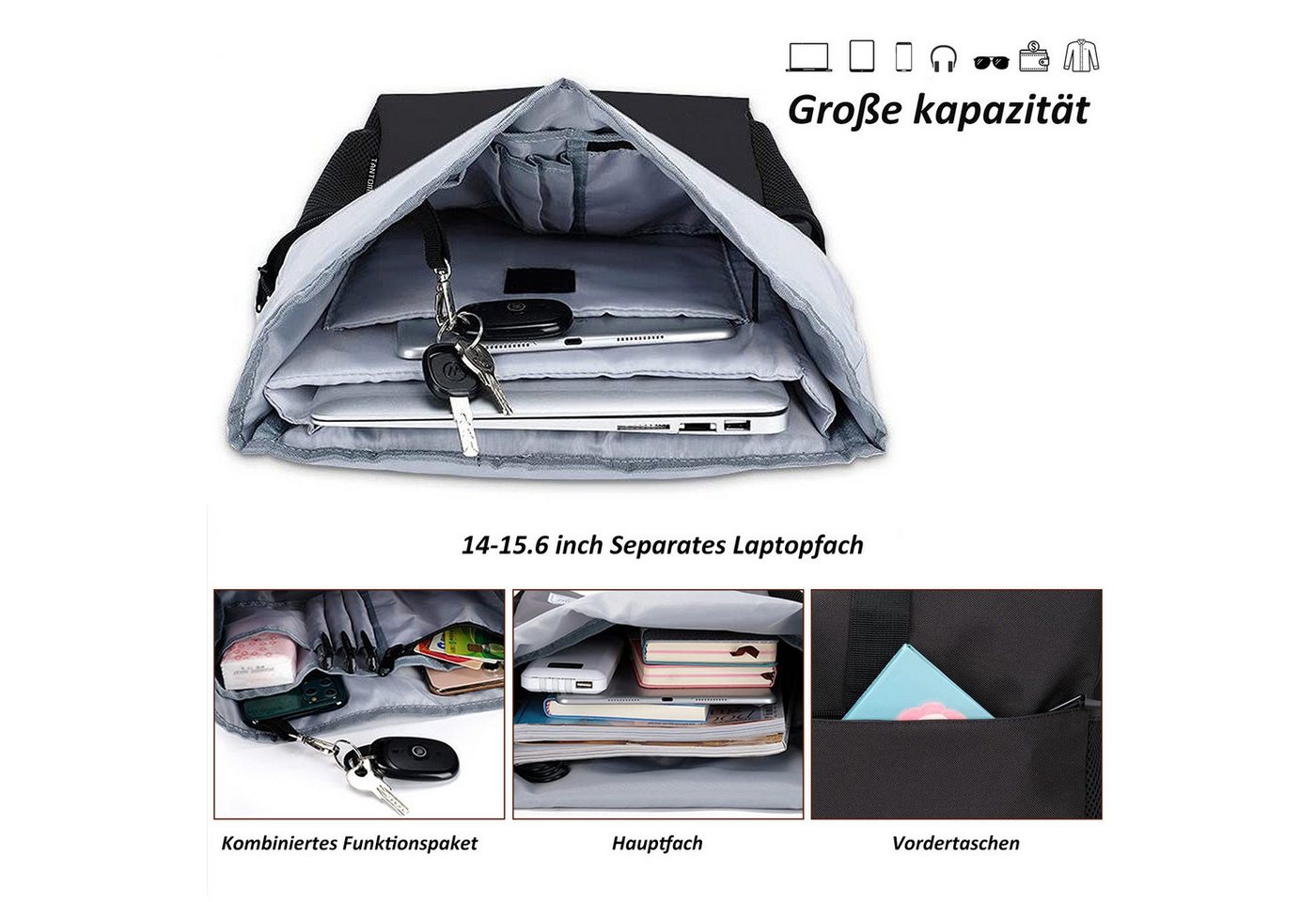 TANTOMI Freizeitrucksack Arbeitsrucksack Groß Damen lässiger Rolltop Rucksack Herren Backpack, mit Laptopfach bis 15,6 zoll und externen USB-Anschluss – Bild 4 von 5