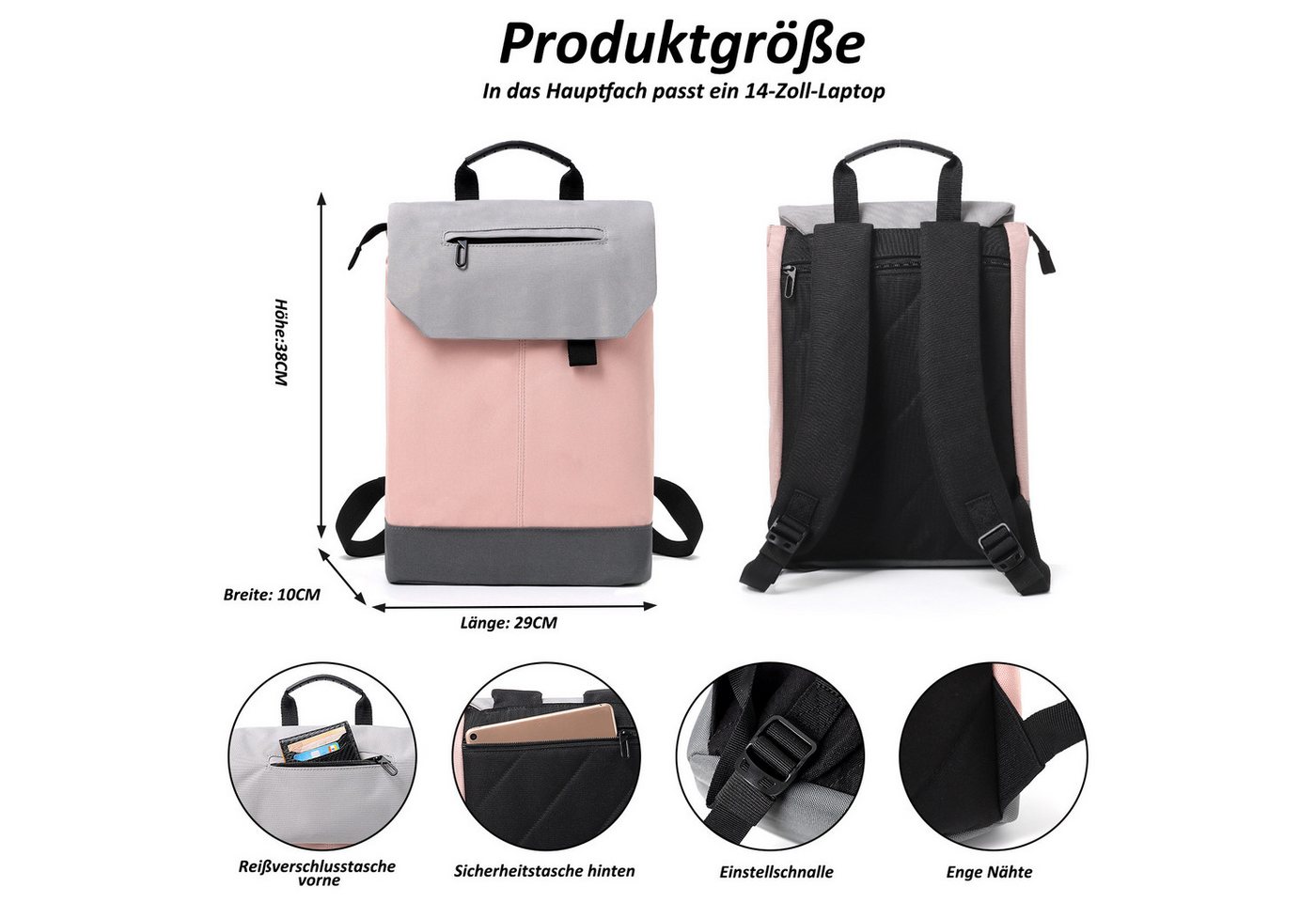 TAN.TOMI Freizeitrucksack Rucksack Damen Elegant Daypack Wasserdichter Tagesrucksack, mit Laptopfach 15.6Zoll & Anti Diebstahl Tasche für Reise, Uni, Schule – Bild 3 von 5