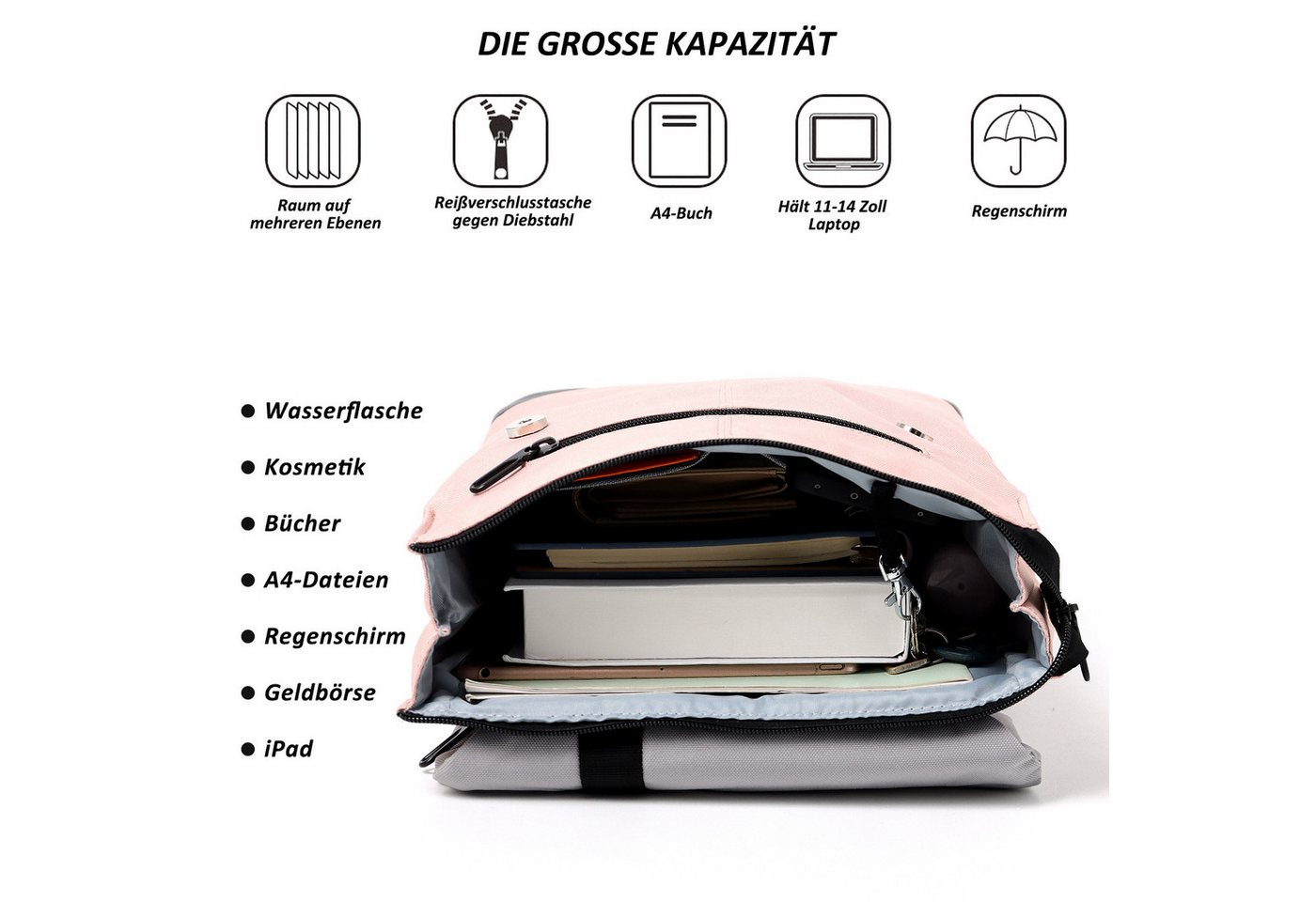TAN.TOMI Freizeitrucksack Rucksack Damen Elegant Daypack Wasserdichter Tagesrucksack, mit Laptopfach 15.6Zoll & Anti Diebstahl Tasche für Reise, Uni, Schule – Bild 5 von 5