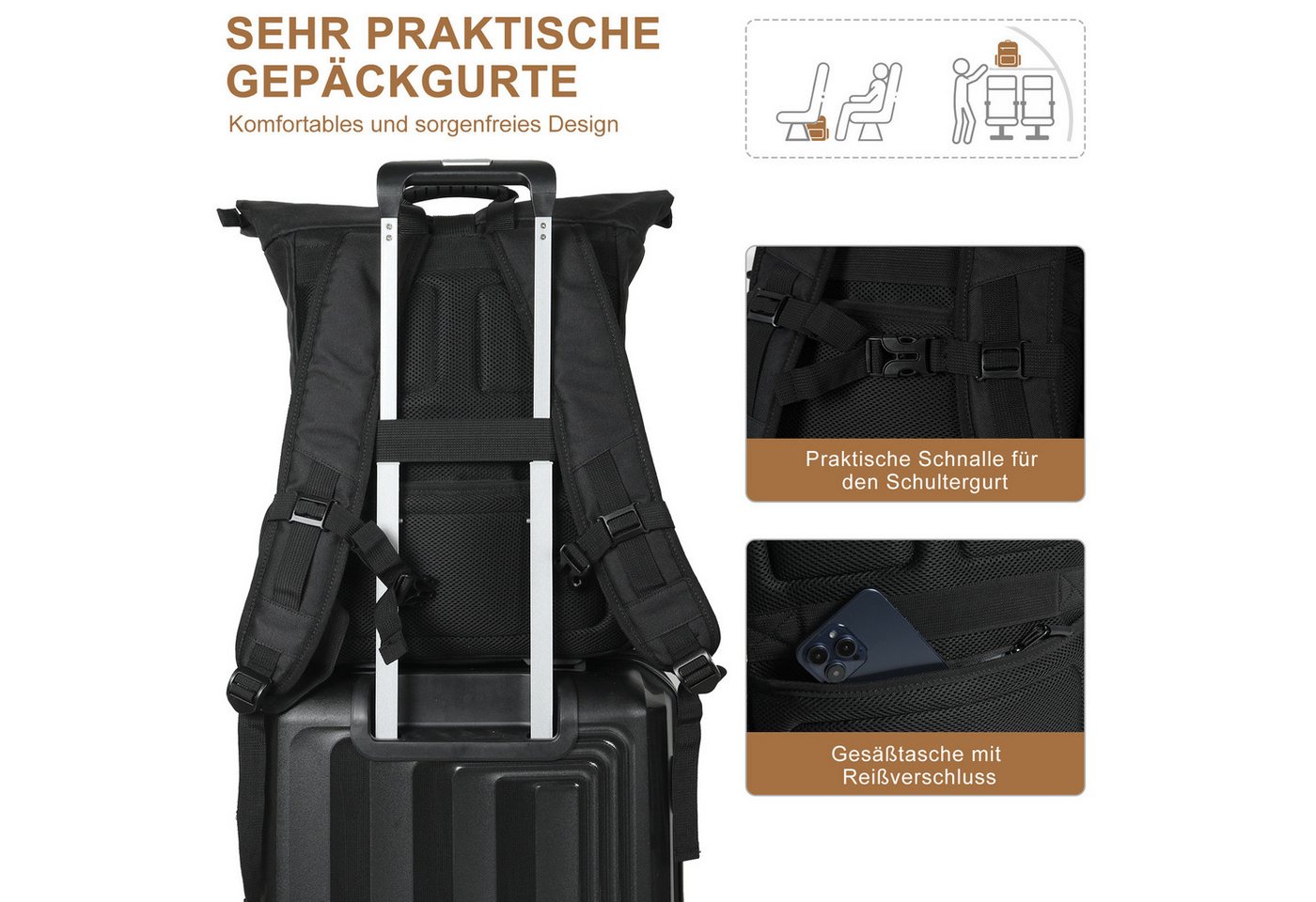 TAN.TOMI Freizeitrucksack Rucksack Rolltop Backpack Wasserdicht Laptop Arbeitsrucksack, Für Schule Fahrradfahren Freizeit Reise – Bild 4 von 5