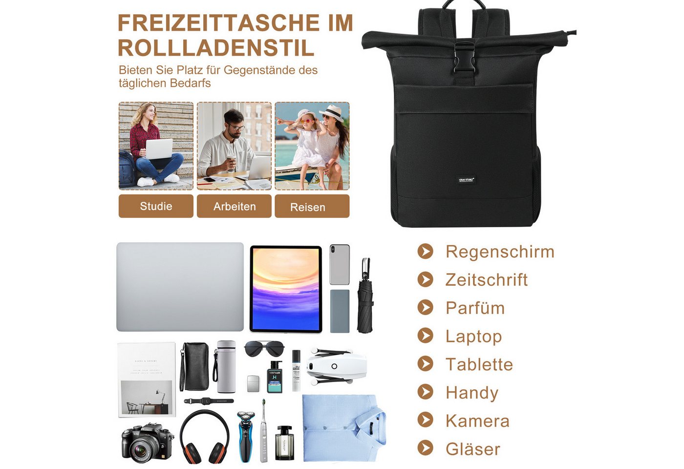 TAN.TOMI Freizeitrucksack Rucksack Rolltop Backpack Wasserdicht Laptop Arbeitsrucksack, Für Schule Fahrradfahren Freizeit Reise – Bild 5 von 5