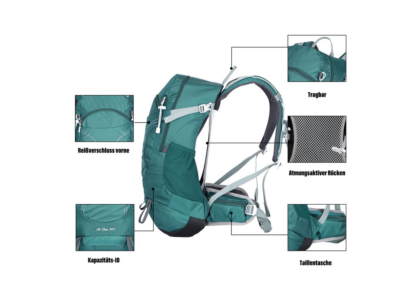 TAN.TOMI Wanderrucksack 30L Großer Wanderrucksack mit Rückenbelüftung, Wasserdicht, mit Regenschutz für Outdoor Reisen Camping Trekking – Bild 4 von 5