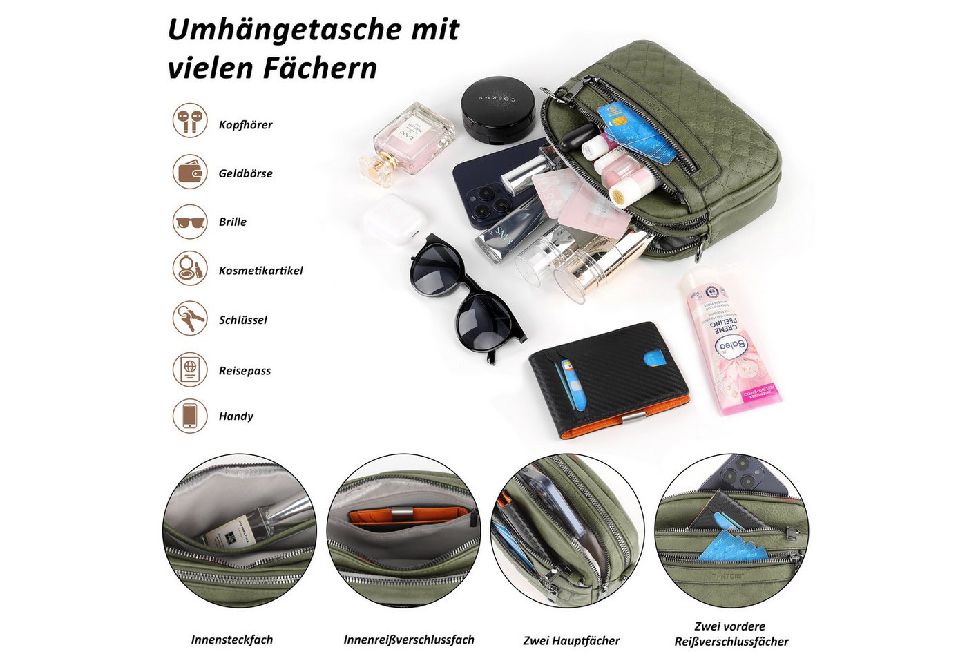TANTOMI Schultertasche Umhängetaschen Damen, Crossbody Bag mit mehreren Fächern (Damen Handtasche mit Weich Breiter Gurt), Design mit mehreren Reißverschlüssen – Bild 4 von 5