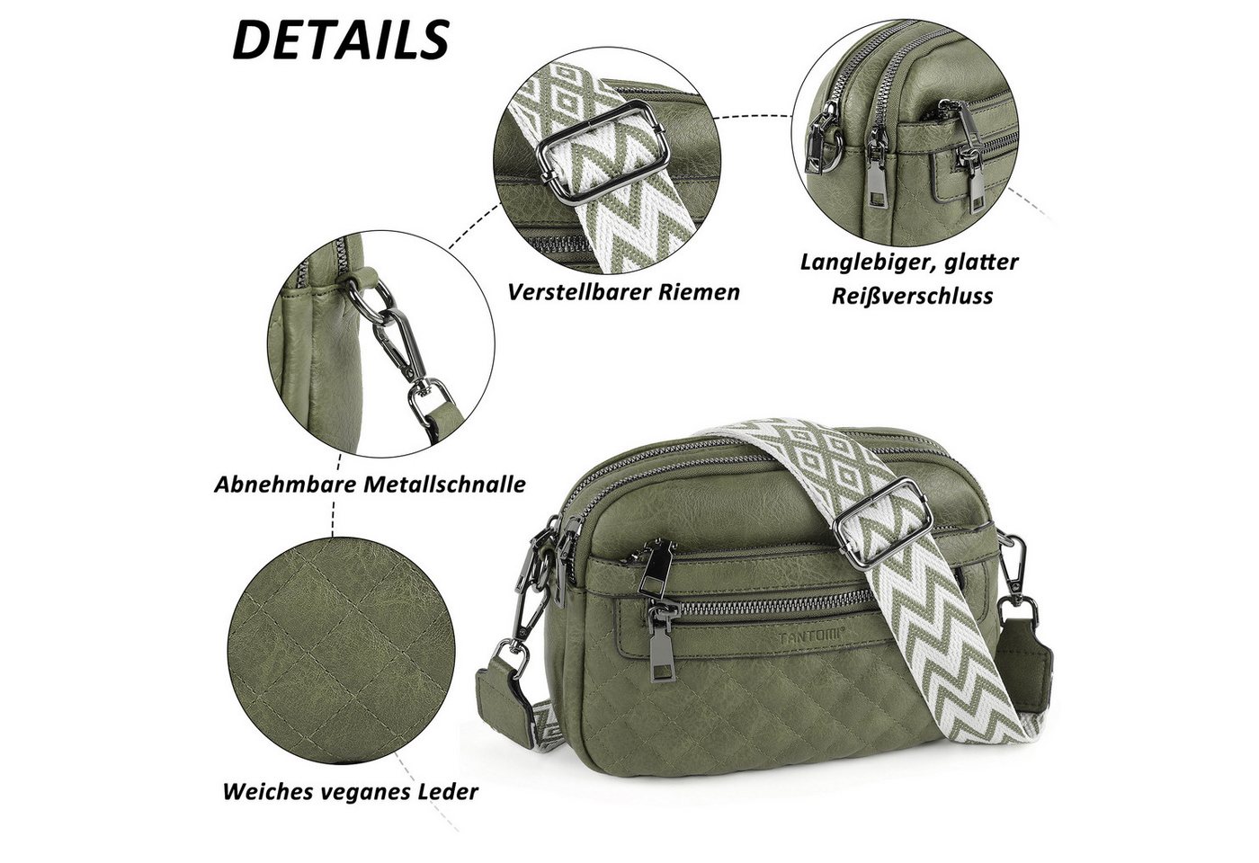 TANTOMI Schultertasche Umhängetaschen Damen, Crossbody Bag mit mehreren Fächern (Damen Handtasche mit Weich Breiter Gurt), Design mit mehreren Reißverschlüssen – Bild 5 von 5