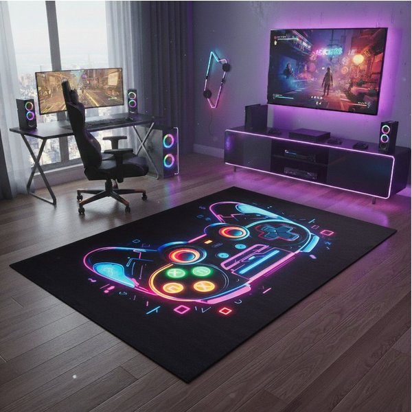 Tapiso Kinderteppich COSMO GAME, rechteckig, Höhe: 7 mm, Rutschfester Kinder- und Gamer-Teppich mit buntem Design