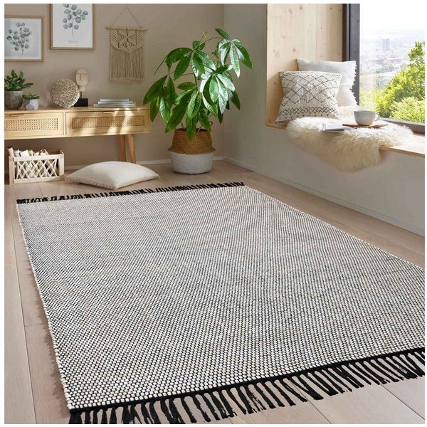 TaraCarpet Wollteppich Handwebteppich Borkum 100% Baumwolle, rechteckig, Höhe: 5 mm, gewebt Baumwolle natur modern Wohnzimmer Küche 080x150 cm