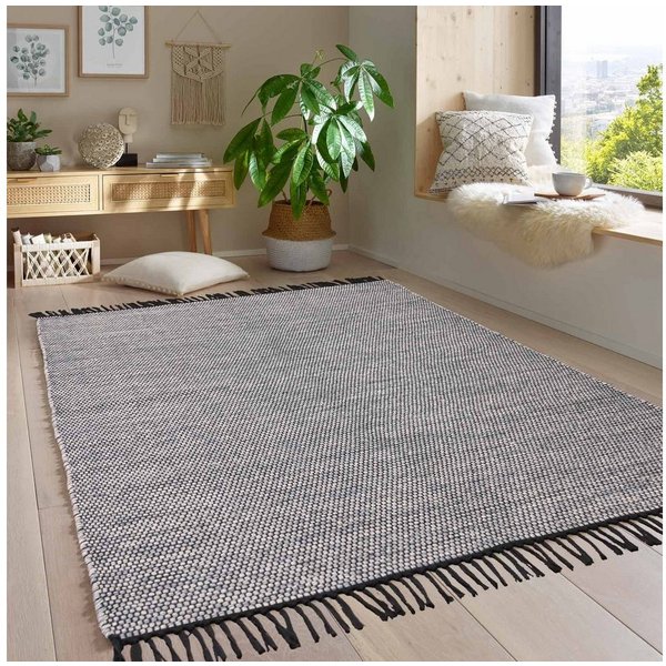 TaraCarpet Wollteppich Handwebteppich Borkum 100% Baumwolle, rechteckig, Höhe: 5 mm, gewebt Baumwolle grau modern Wohnzimmer Küche 080x150 cm