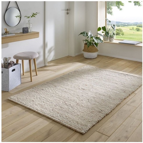TaraCarpet Wollteppich Helsinki handgewebt aus reiner Schurwolle, wendbar und strapazierfähig, rechteckig, Höhe: 10 mm, Gewalkt, schmutzunempfindlich, Farbe Nat