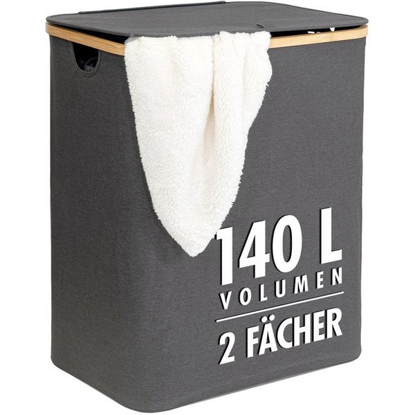 tasir Wäschebox Wäschekorb, 140 Liter, 2 Fächer, mit Deckel und Bambus-Rahmen, Wäschesammler mit 2x Wäschesack zum herausnehmen, grau faltbar
