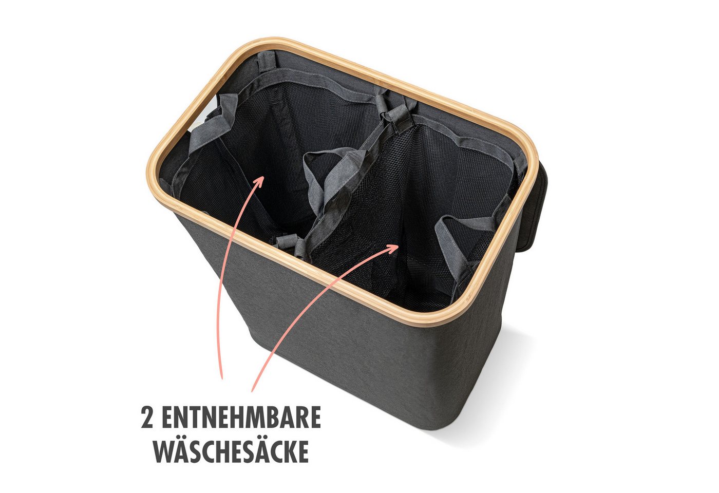 tasir Wäschebox Wäschekorb, 140 Liter, 2 Fächer, mit Deckel und Bambus-Rahmen, Wäschesammler mit 2x Wäschesack zum herausnehmen, grau faltbar – Bild 4 von 5