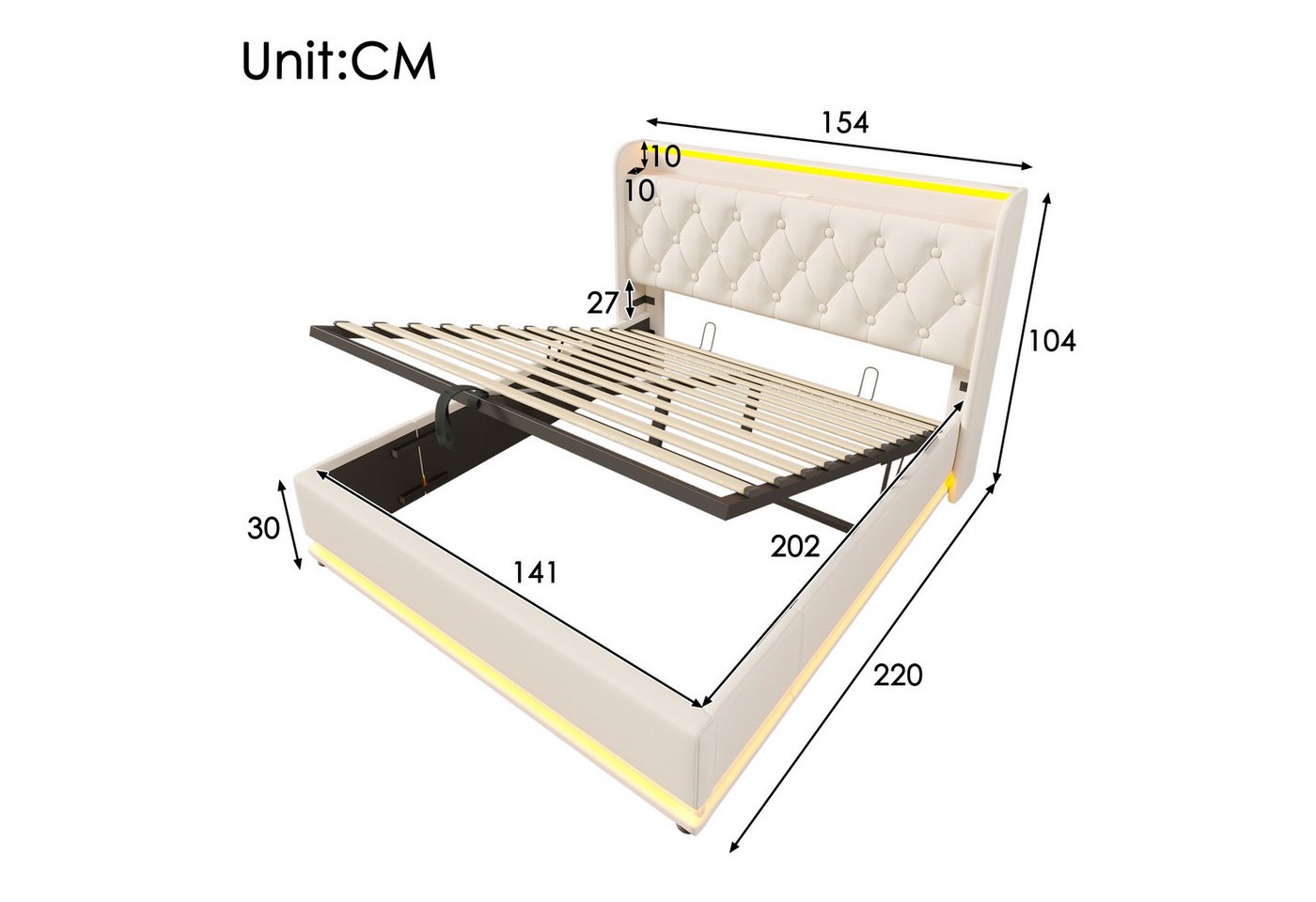 TavilaEcon Boxspringbett 160×200 & weitere Größen mit Bettkasten, hydraulischem Stauraum (1-St), Polsterbett mit gepolstertem Kopfteil, LED, USB Typ-C, 140×200, – Bild 2 von 5
