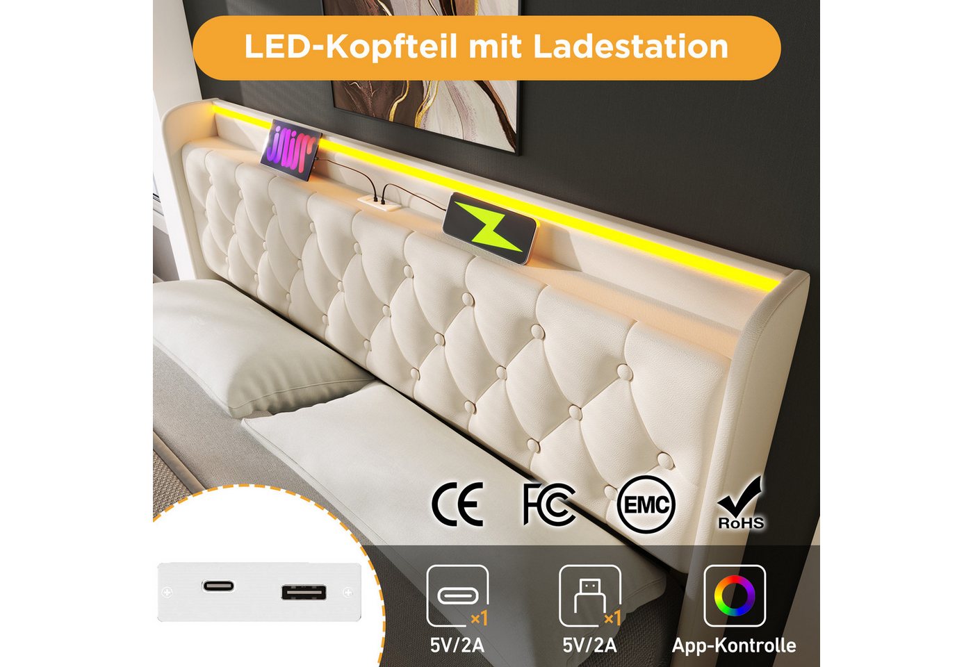 TavilaEcon Boxspringbett 160×200 & weitere Größen mit Bettkasten, hydraulischem Stauraum (1-St), Polsterbett mit gepolstertem Kopfteil, LED, USB Typ-C, 140×200, – Bild 3 von 5