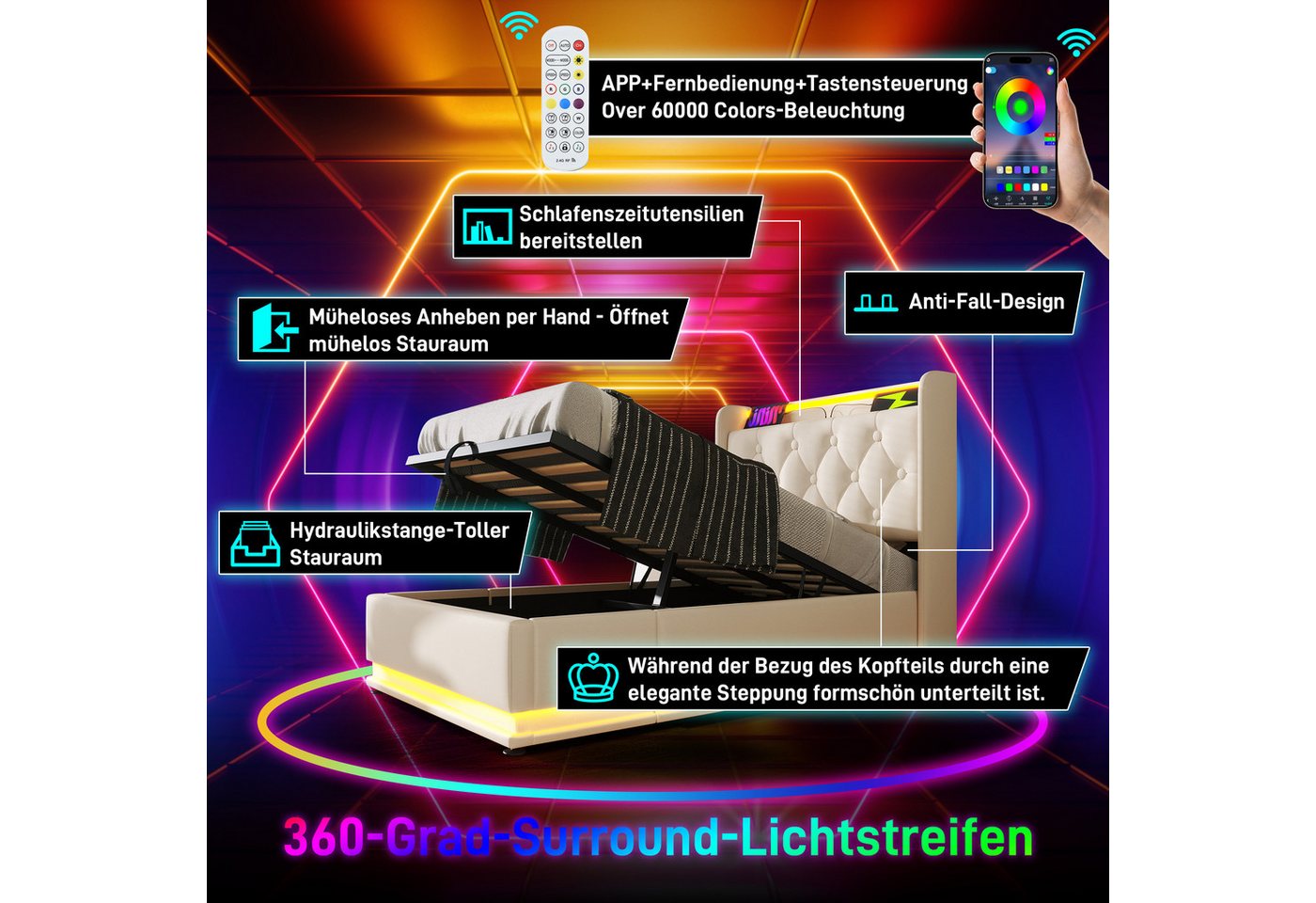 TavilaEcon Boxspringbett 160×200 & weitere Größen mit Bettkasten, hydraulischem Stauraum (1-St), Polsterbett mit gepolstertem Kopfteil, LED, USB Typ-C, 140×200, – Bild 4 von 5