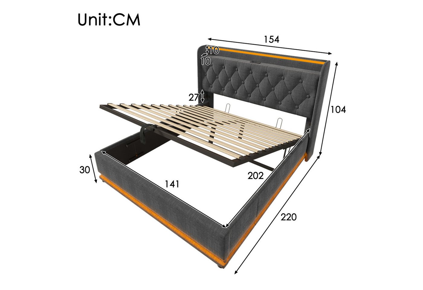 TavilaEcon Boxspringbett 160×200 & weitere Größen mit Bettkasten, hydraulischem Stauraum (1-St), Polsterbett mit gepolstertem Kopfteil, LED, USB Typ-C, 140×200, – Bild 2 von 5