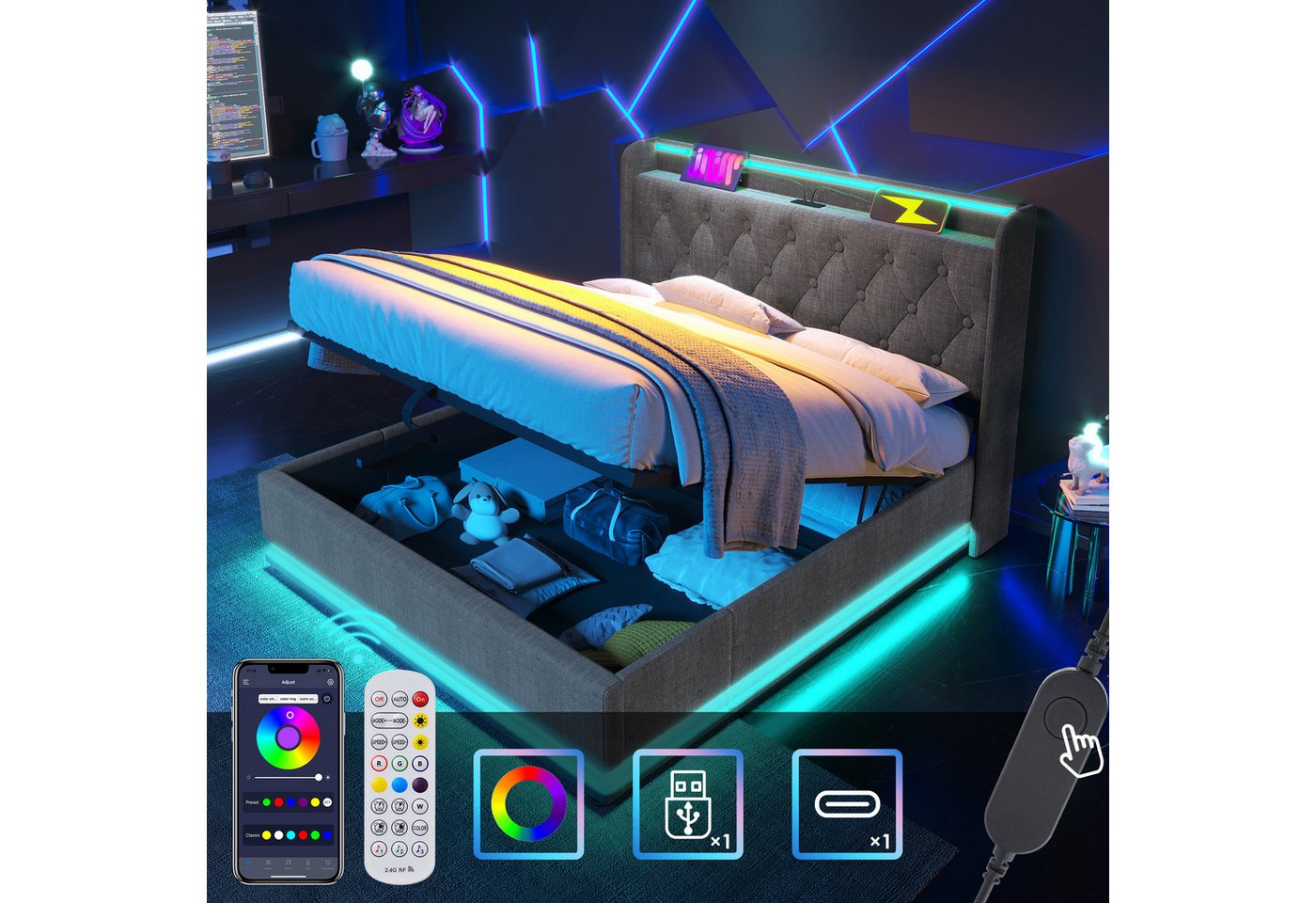 TavilaEcon Boxspringbett 160×200 & weitere Größen mit Bettkasten, hydraulischem Stauraum (1-St), Polsterbett mit gepolstertem Kopfteil, LED, USB Typ-C, 140×200, – Bild 5 von 5