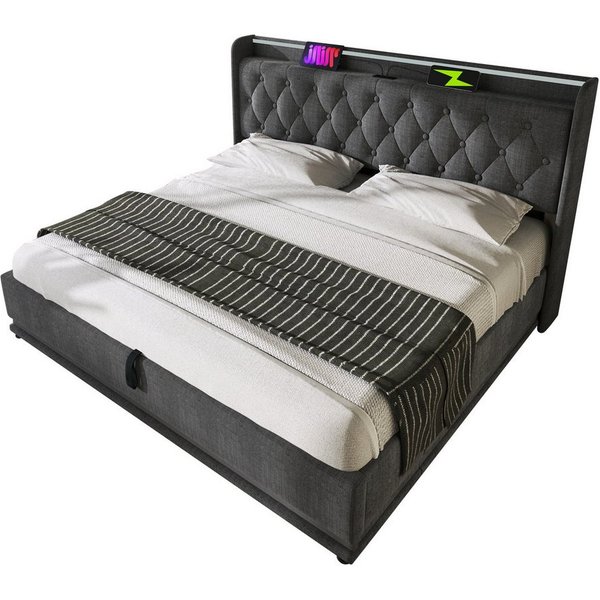 TavilaEcon Boxspringbett 160×200 & weitere Größen mit Bettkasten, hydraulischem Stauraum (1-St), Polsterbett mit gepolstertem Kopfteil, LED, USB Typ-C, 160×200,