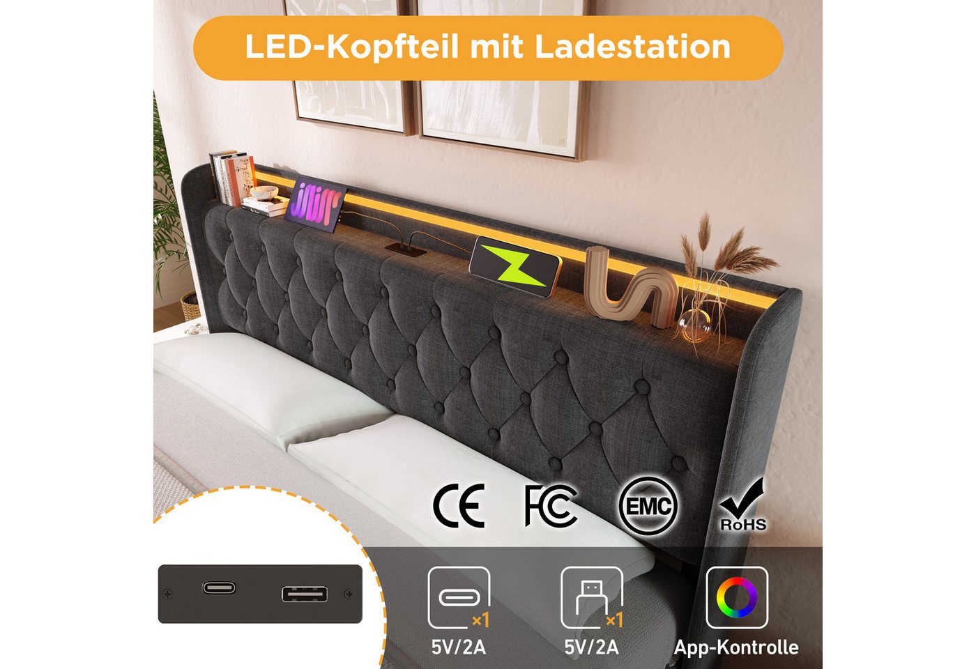 TavilaEcon Boxspringbett 160×200 & weitere Größen mit Bettkasten, hydraulischem Stauraum (1-St), Polsterbett mit gepolstertem Kopfteil, LED, USB Typ-C, 160×200, – Bild 3 von 5