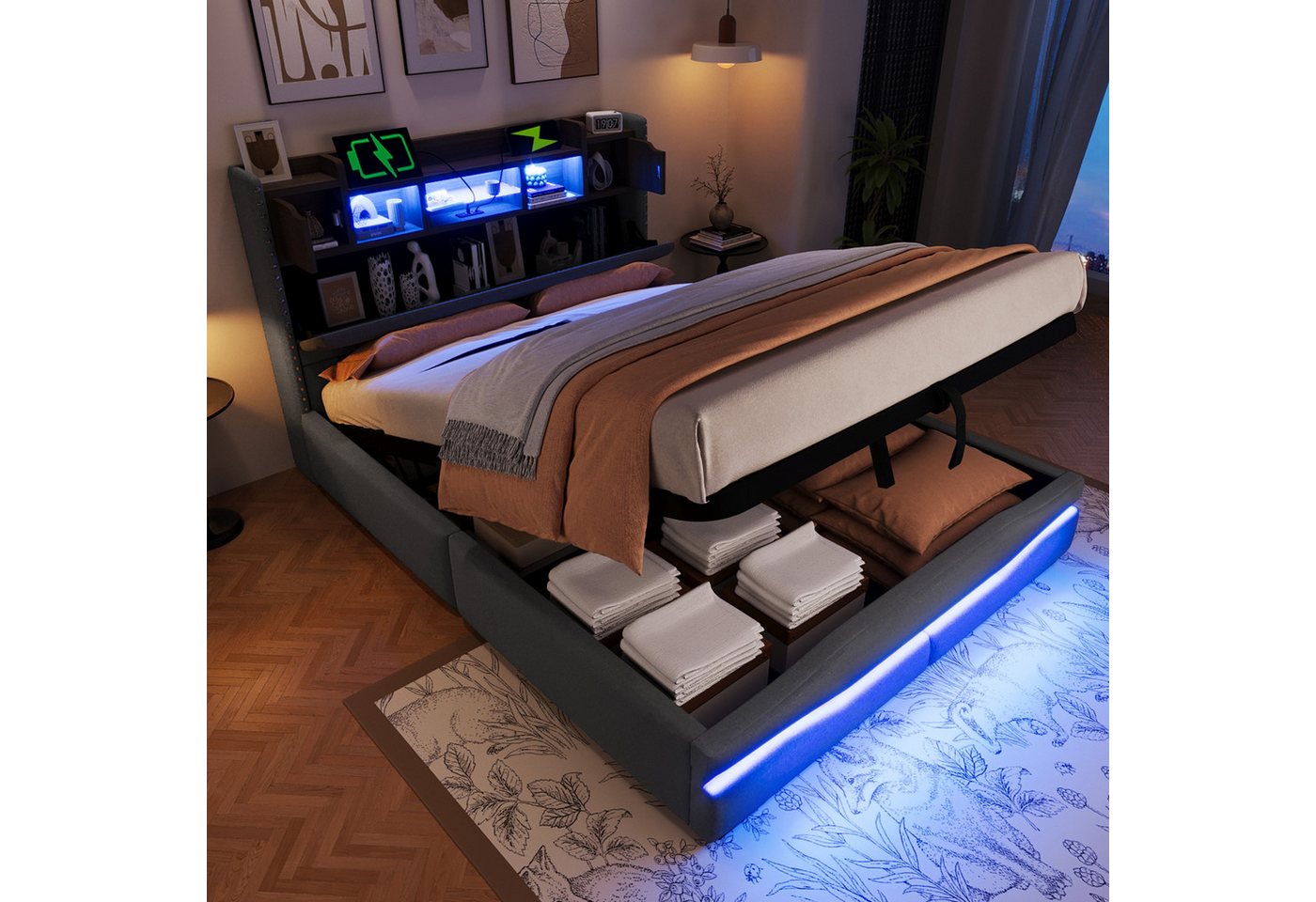 TavilaEcon Boxspringbett 180×200cm &weitere Größen, Polsterbett mit hydraulischem Bettkasten, Doppelbett 160x200cm, LED, USB-Typ-C-Anschluss, Grau – Bild 2 von 5
