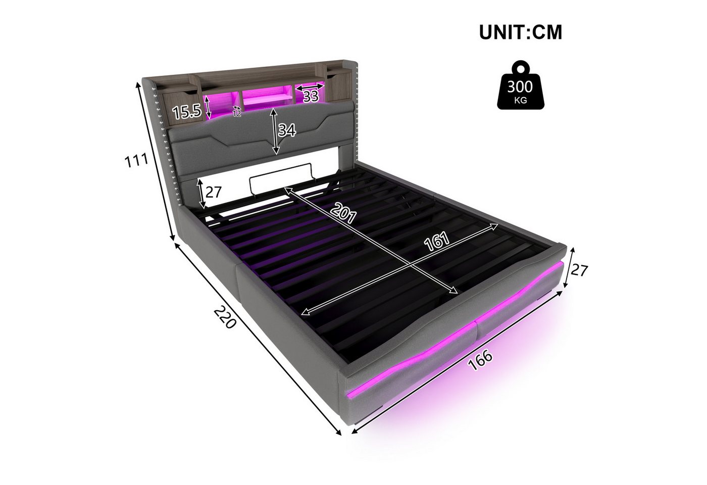 TavilaEcon Boxspringbett 180×200cm &weitere Größen, Polsterbett mit hydraulischem Bettkasten, Doppelbett 160x200cm, LED, USB-Typ-C-Anschluss, Grau – Bild 4 von 5