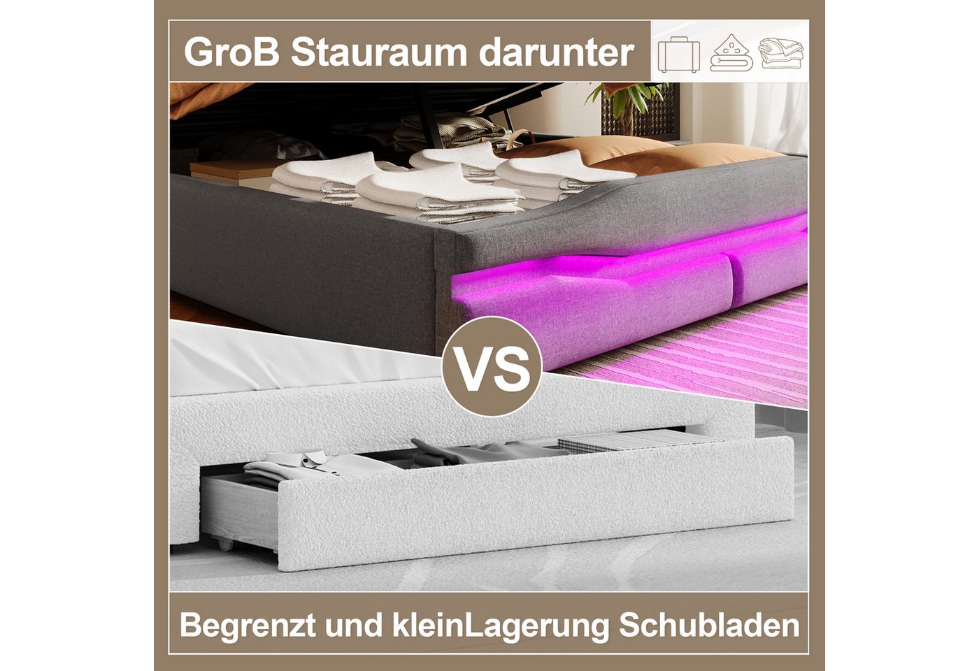 TavilaEcon Boxspringbett 180×200cm &weitere Größen, Polsterbett mit hydraulischem Bettkasten, Doppelbett 160x200cm, LED, USB-Typ-C-Anschluss, Grau – Bild 5 von 5