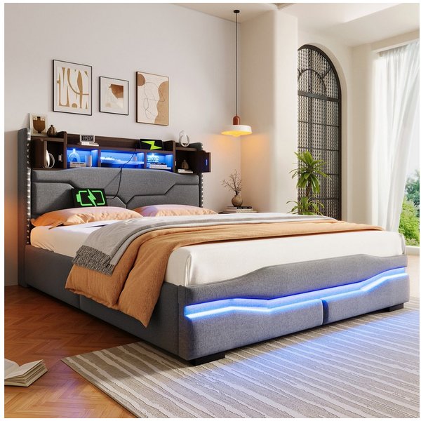 TavilaEcon Boxspringbett 180×200cm &weitere Größen, Polsterbett mit hydraulischem Bettkasten, Doppelbett 140x200cm, LED, USB-Typ-C-Anschluss, Grau