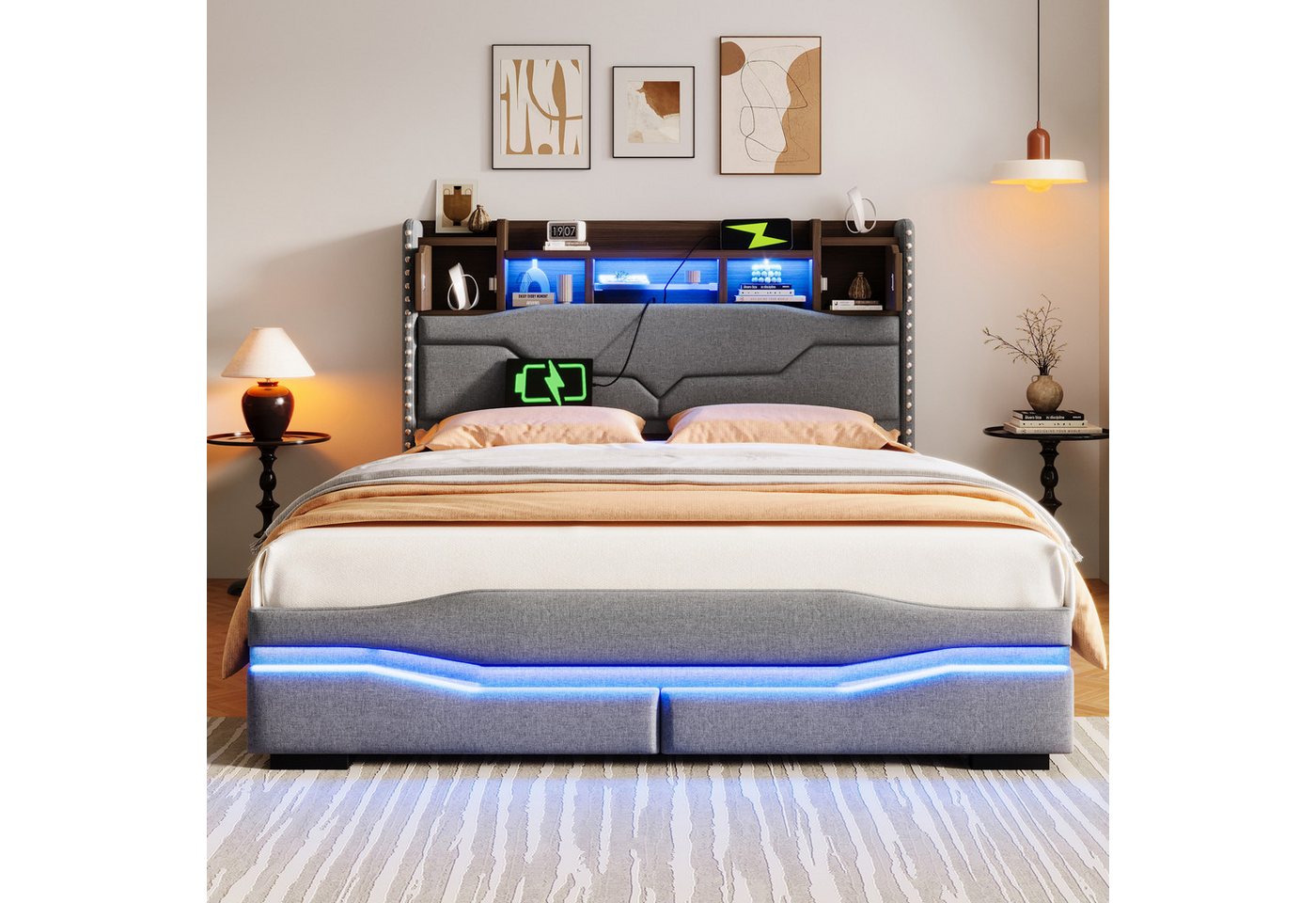 TavilaEcon Boxspringbett 180×200cm &weitere Größen, Polsterbett mit hydraulischem Bettkasten, Doppelbett 140x200cm, LED, USB-Typ-C-Anschluss, Grau – Bild 3 von 5