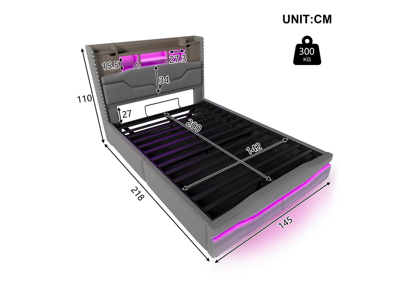 TavilaEcon Boxspringbett 180×200cm &weitere Größen, Polsterbett mit hydraulischem Bettkasten, Doppelbett 140x200cm, LED, USB-Typ-C-Anschluss, Grau – Bild 4 von 5