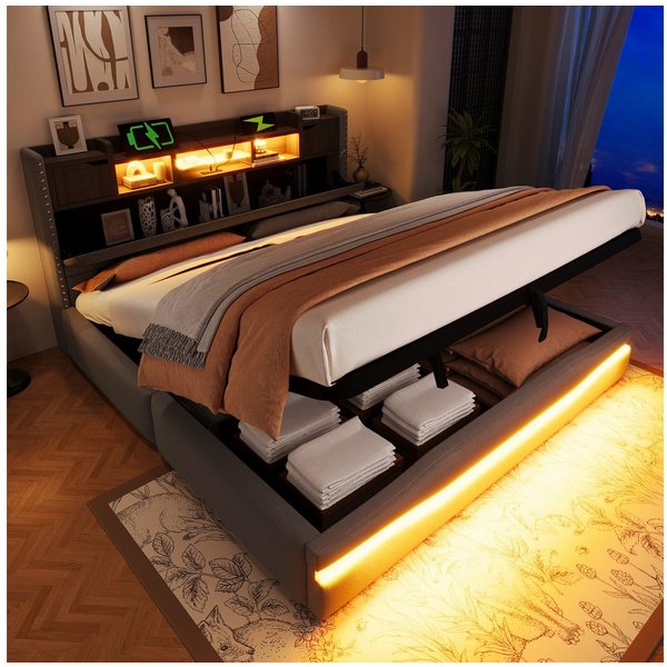 TavilaEcon Boxspringbett 180×200cm &weitere Größen, Polsterbett mit hydraulischem Bettkasten, Doppelbett 180x200cm, LED, USB-Typ-C-Anschluss, Grau
