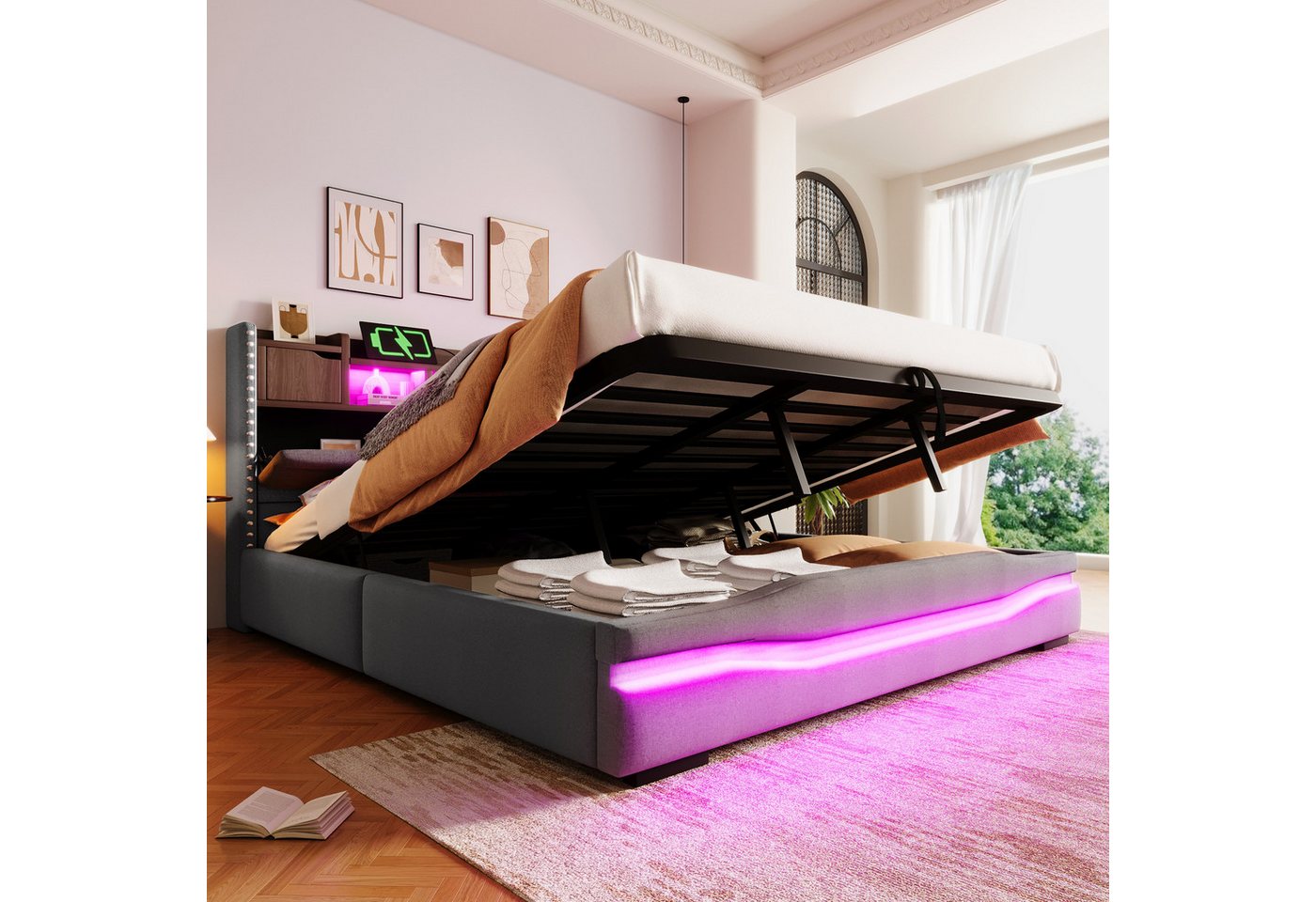 TavilaEcon Boxspringbett 180×200cm &weitere Größen, Polsterbett mit hydraulischem Bettkasten, Doppelbett 180x200cm, LED, USB-Typ-C-Anschluss, Grau – Bild 3 von 5