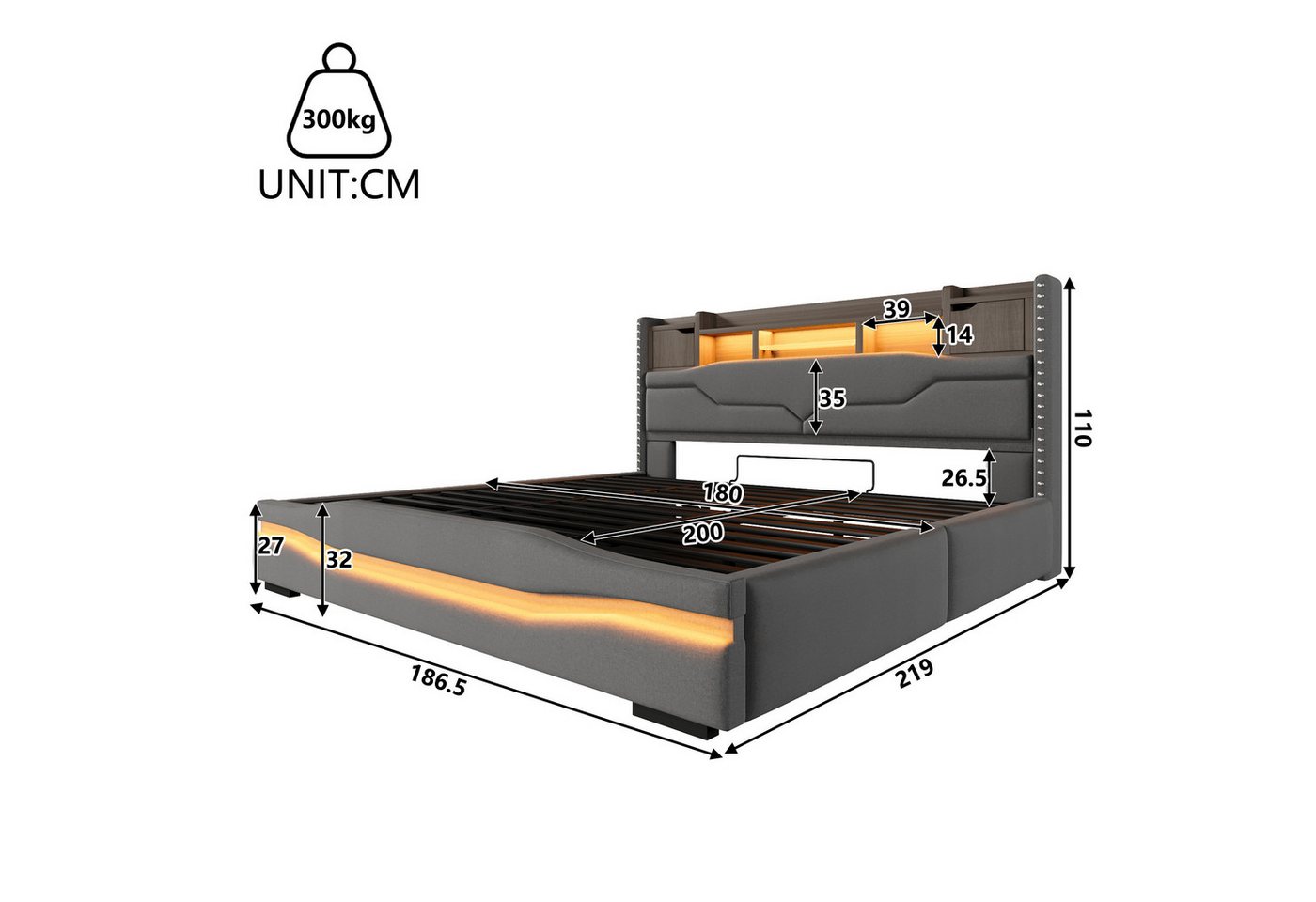 TavilaEcon Boxspringbett 180×200cm &weitere Größen, Polsterbett mit hydraulischem Bettkasten, Doppelbett 180x200cm, LED, USB-Typ-C-Anschluss, Grau – Bild 4 von 5