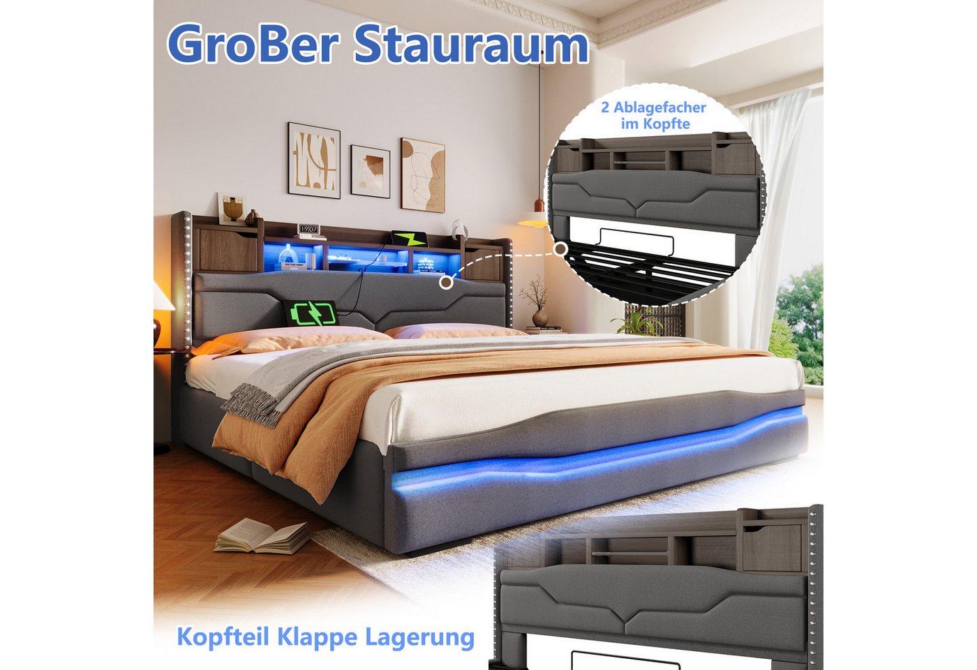 TavilaEcon Boxspringbett 180×200cm &weitere Größen, Polsterbett mit hydraulischem Bettkasten, Doppelbett 180x200cm, LED, USB-Typ-C-Anschluss, Grau – Bild 5 von 5
