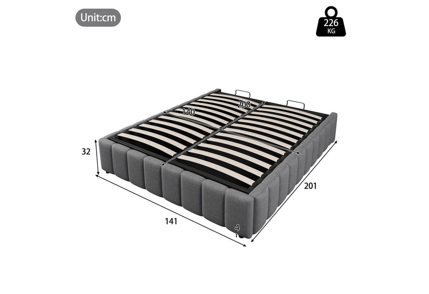TavilaEcon Boxspringbett hydraulische Lagerung, ohne Kopfteil, verstellbar und platzsparend (Ohne Matratze), 140x200cm – Bild 2 von 5