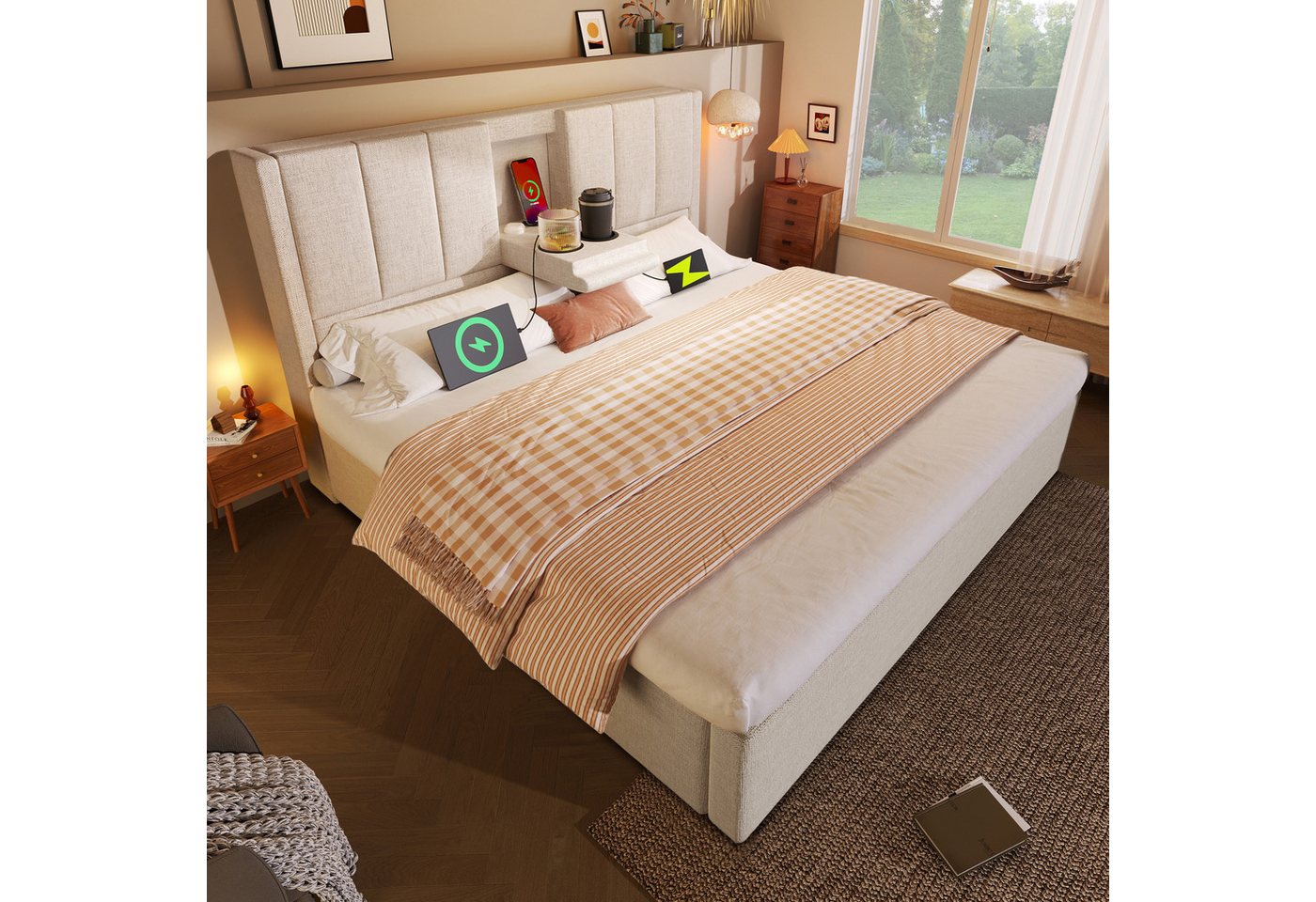 TavilaEcon Boxspringbett Hydraulisches Polsterbett mit verstecktem Becherhalter & Ladestation (1-St), mit U-förmige Eisenstange, 140×200cm, beige/grau – Bild 3 von 5