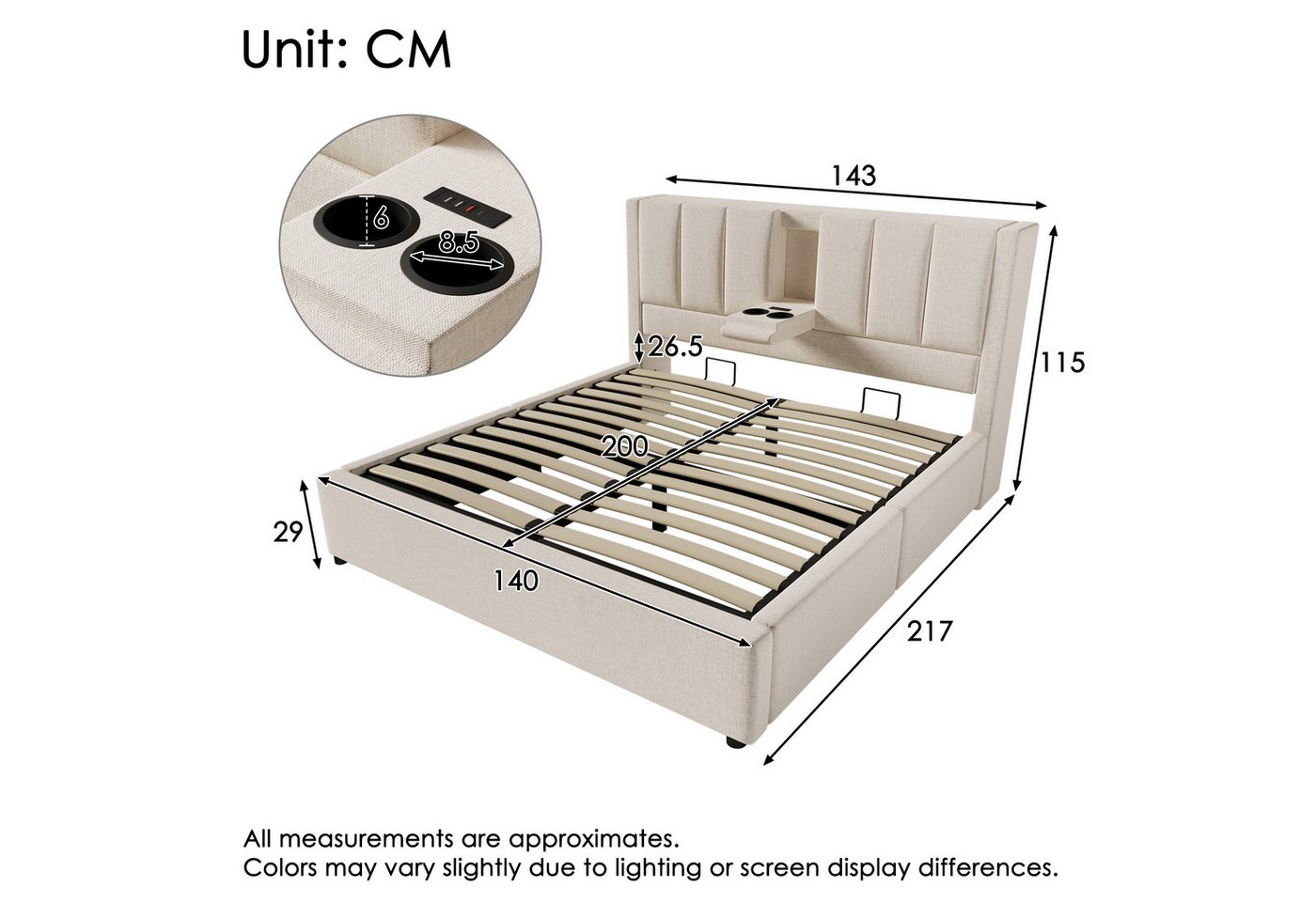TavilaEcon Boxspringbett Hydraulisches Polsterbett mit verstecktem Becherhalter & Ladestation (1-St), mit U-förmige Eisenstange, 140×200cm, beige/grau – Bild 4 von 5