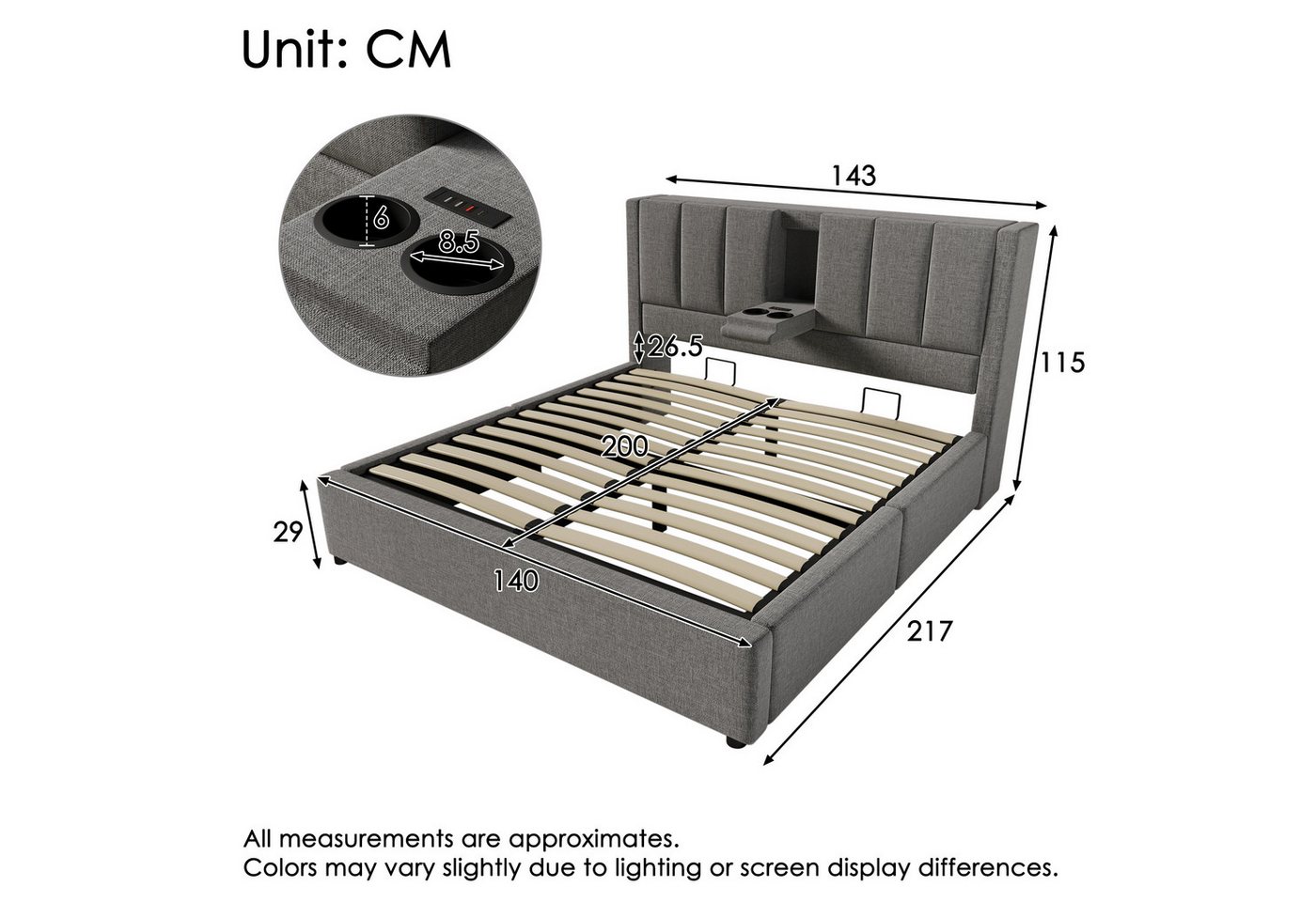 TavilaEcon Boxspringbett Hydraulisches Polsterbett mit verstecktem Becherhalter & Ladestation (1-St), mit U-förmige Eisenstange, 140×200cm, beige/grau – Bild 4 von 5