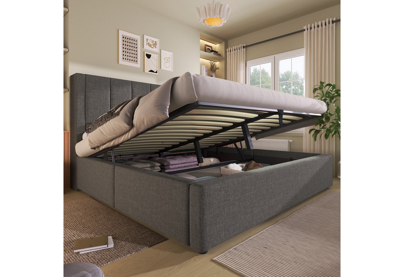 TavilaEcon Boxspringbett Hydraulisches Polsterbett mit verstecktem Becherhalter & Ladestation (1-St), mit U-förmige Eisenstange, 160×200cm, beige/grau – Bild 2 von 5