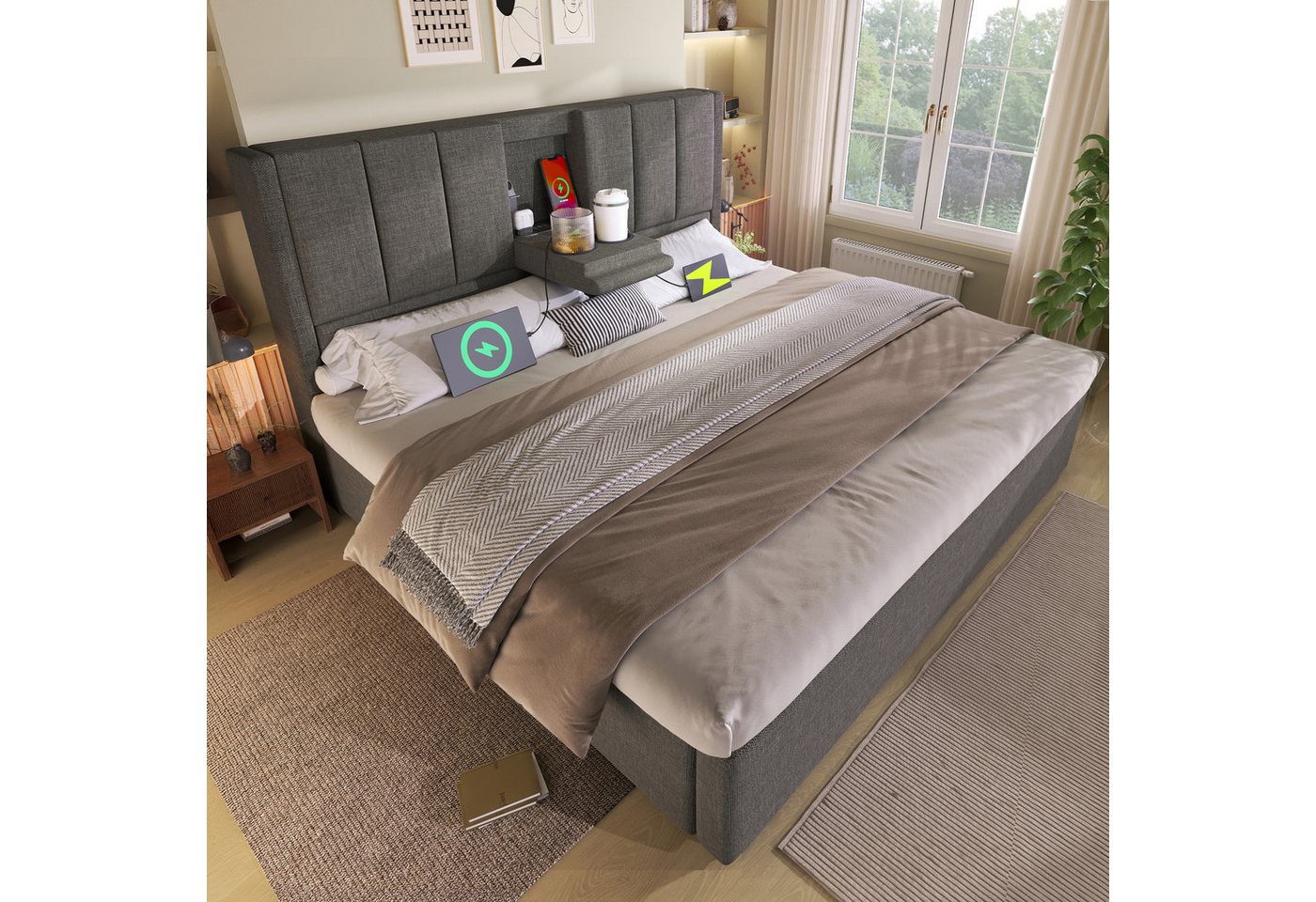 TavilaEcon Boxspringbett Hydraulisches Polsterbett mit verstecktem Becherhalter & Ladestation (1-St), mit U-förmige Eisenstange, 160×200cm, beige/grau – Bild 3 von 5