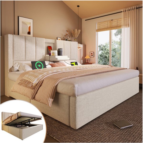 TavilaEcon Boxspringbett Hydraulisches Polsterbett mit verstecktem Becherhalter & Ladestation (1-St), mit U-förmige Eisenstange, 160×200cm, beige/grau