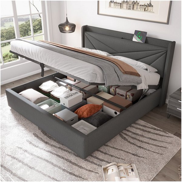TavilaEcon Boxspringbett mit Bettkasten und USB Typ C, Größe wählbar von 140 bis 180 ×200 cm, 160x200cm, aus Leinenmaterial, Grau