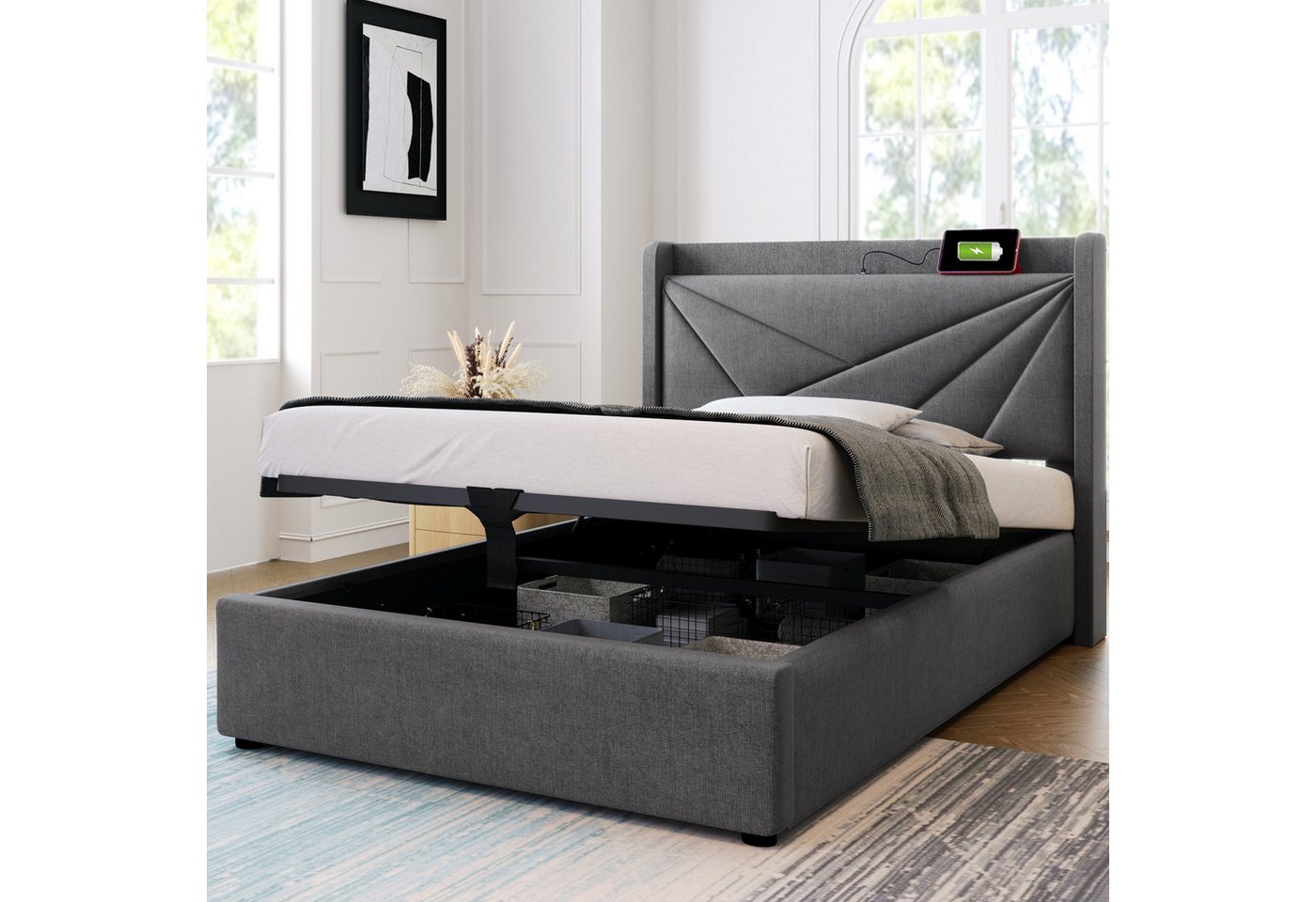 TavilaEcon Boxspringbett mit Bettkasten und USB Typ C, Größe wählbar von 140 bis 180 ×200 cm, 160x200cm, aus Leinenmaterial, Grau – Bild 3 von 5