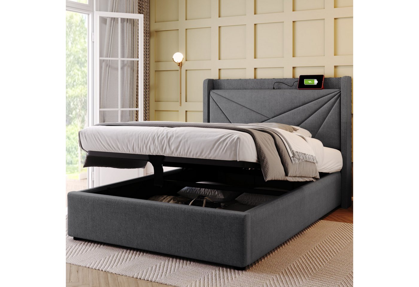 TavilaEcon Boxspringbett mit Bettkasten und USB Typ C, Größe wählbar von 140 bis 180 ×200 cm, 160x200cm, aus Leinenmaterial, Grau – Bild 4 von 5