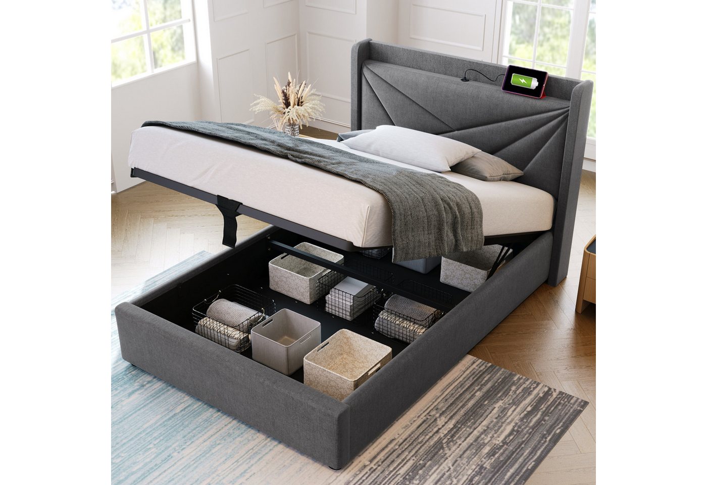 TavilaEcon Boxspringbett mit Bettkasten und USB Typ C, Größe wählbar von 140 bis 180 ×200 cm, 160x200cm, aus Leinenmaterial, Grau – Bild 5 von 5