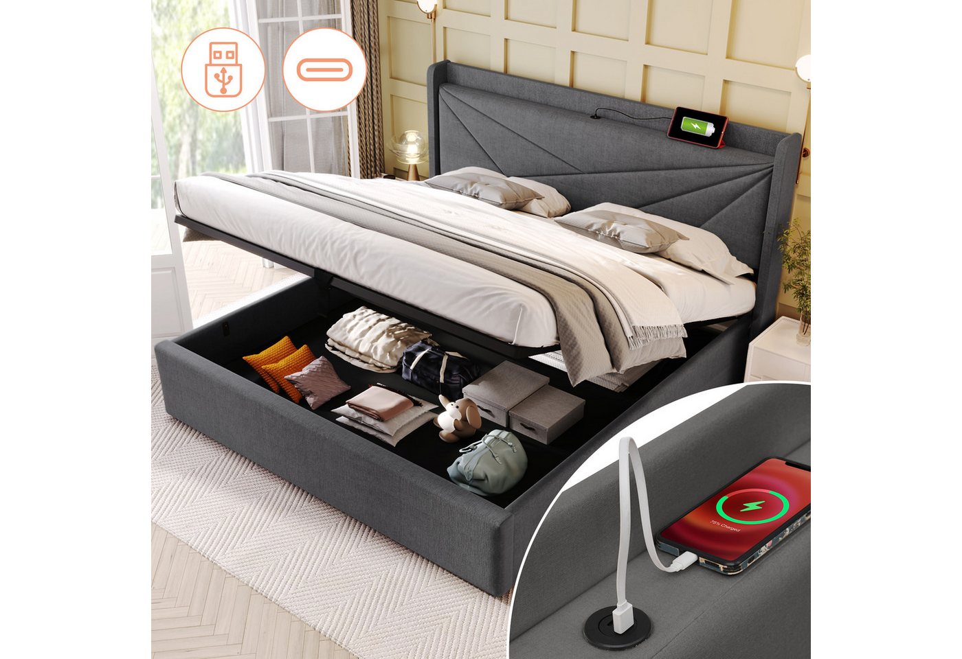 TavilaEcon Boxspringbett mit Bettkasten und USB Typ C, Größe wählbar von 140 bis 180 ×200 cm, 140x200cm, aus Leinenmaterial, Grau, mit Matratze – Bild 3 von 5