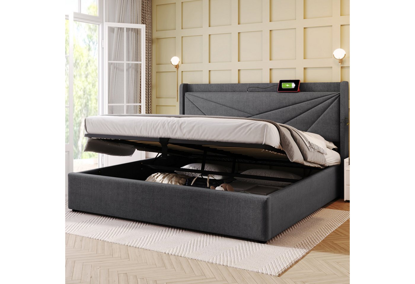 TavilaEcon Boxspringbett mit Bettkasten und USB Typ C, Größe wählbar von 140 bis 180 ×200 cm, 140x200cm, aus Leinenmaterial, Grau, mit Matratze – Bild 4 von 5