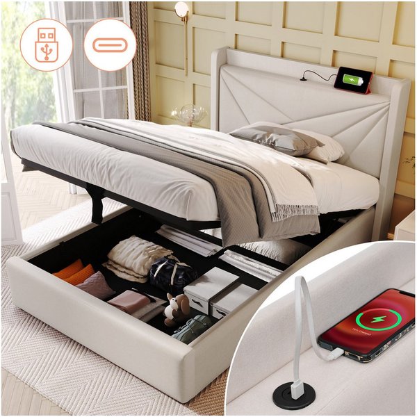 TavilaEcon Boxspringbett mit Bettkasten und USB Typ C, Größe wählbar von 140 bis 180 ×200 cm, 90x200cm, aus Leinenmaterial, Beige